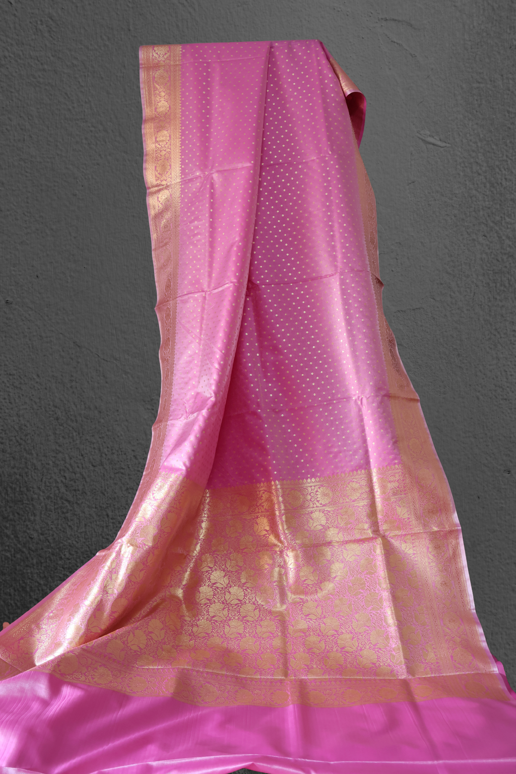 Pink Katan Silk Banarasi Saree with Gold Zari Buttas & Traditional Floral Border