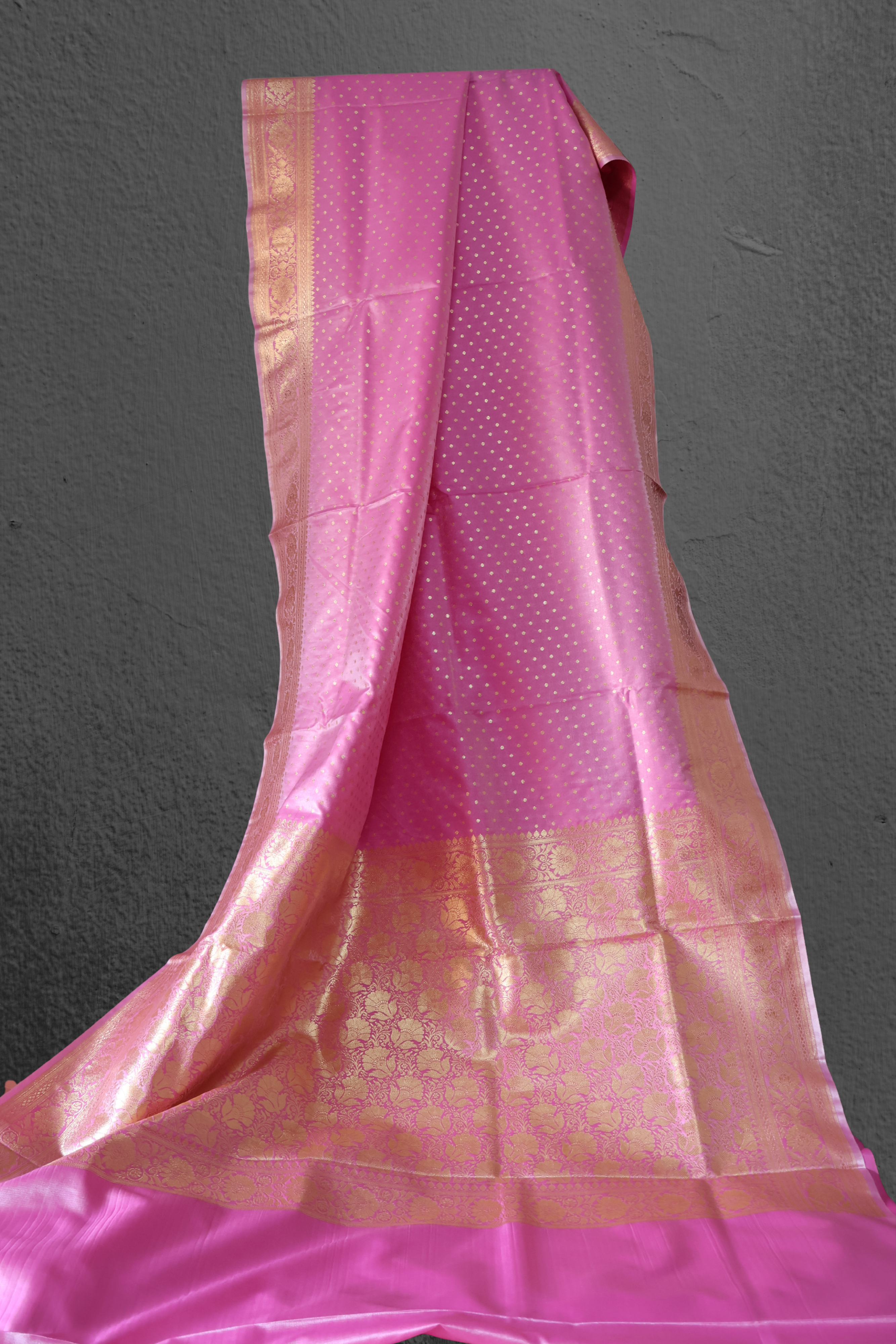 Pink Katan Silk Banarasi Saree with Gold Zari Buttas & Traditional Floral Border