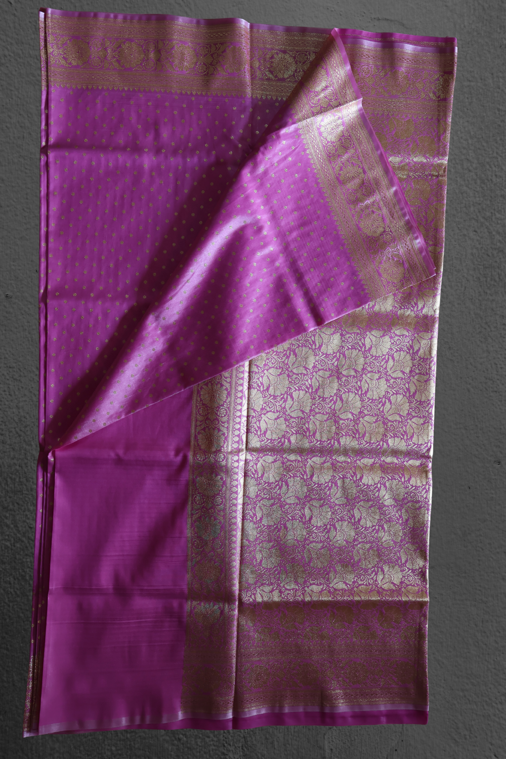 Pink Katan Silk Banarasi Saree with Gold Zari Buttas & Traditional Floral Border