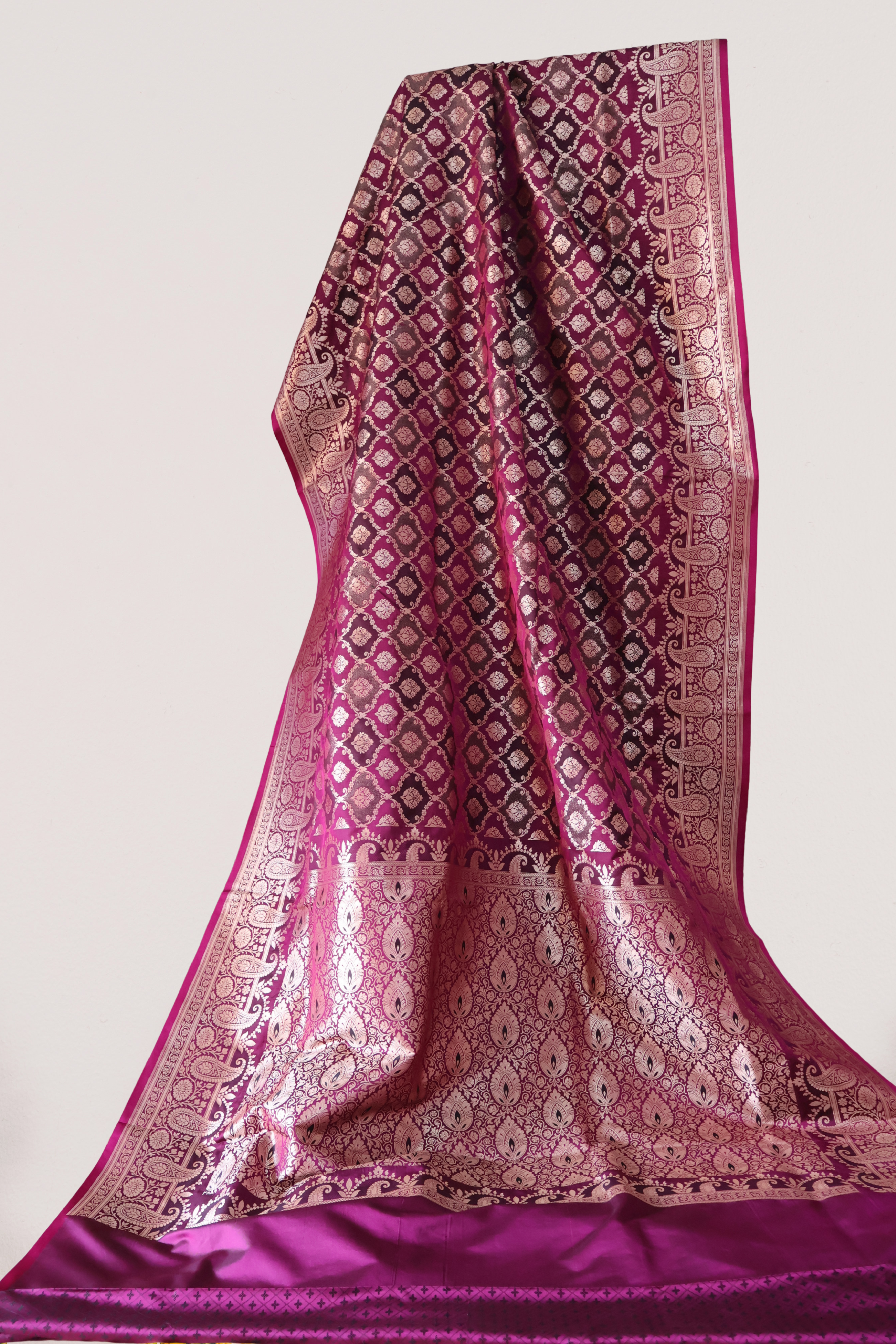 Wine Katan Silk Banarasi Saree with Silver Zari Paisley Border & Buta Weave