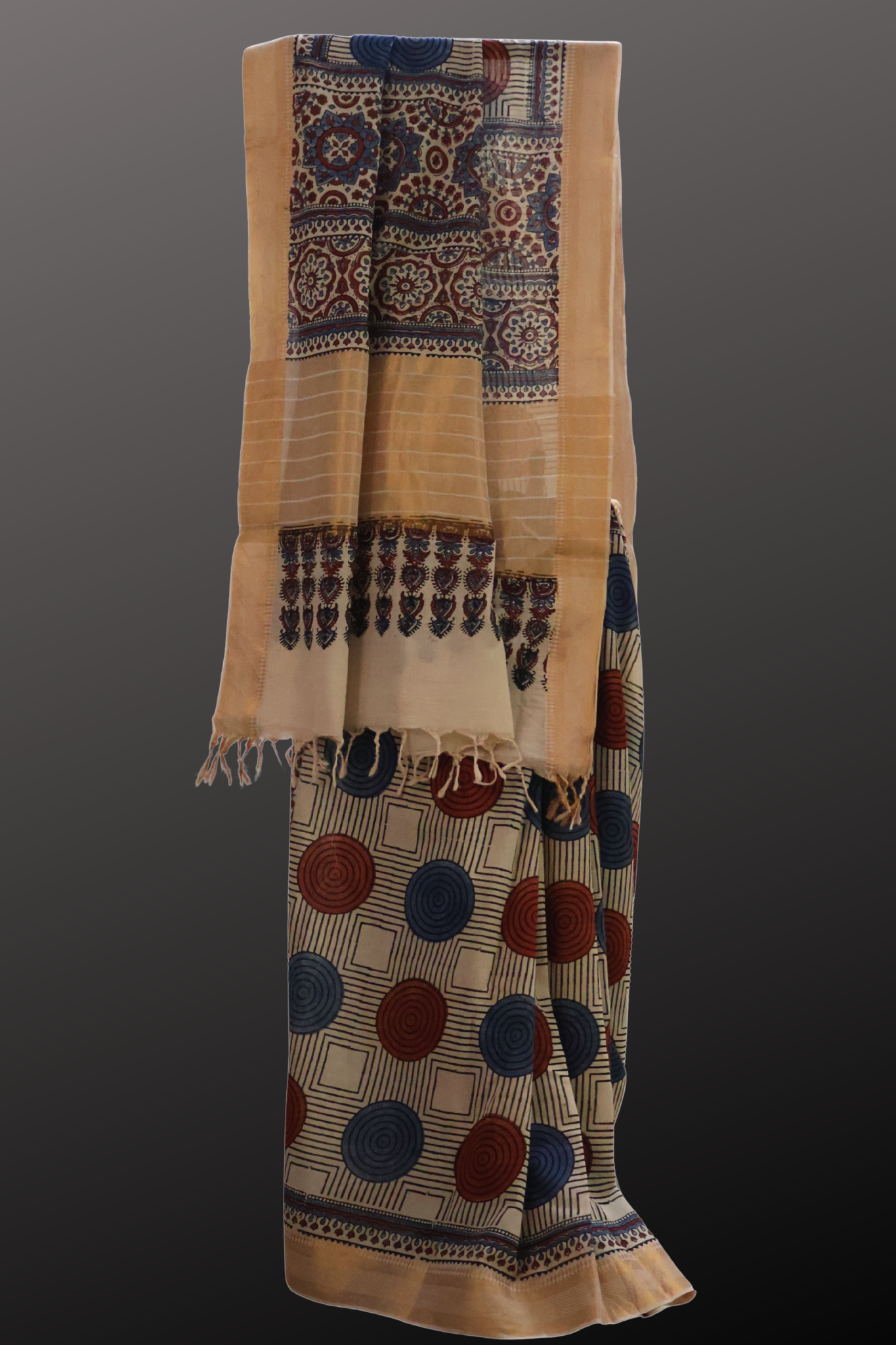 Ajrakh Cotton Mul Saree with Geometric Hand Block Prints