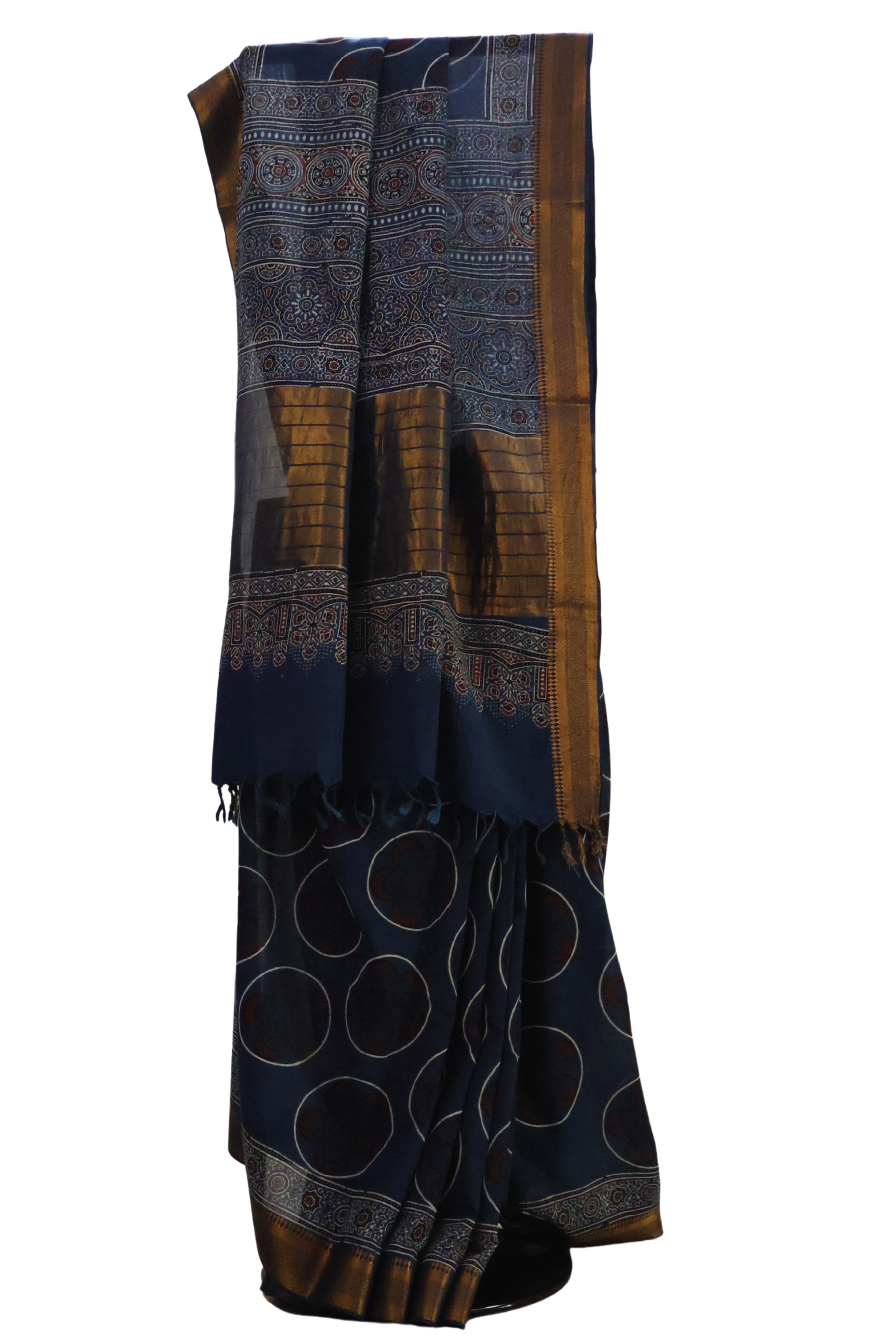 Traditional Ajrakh Cotton Mul Saree with Hand Block Printing