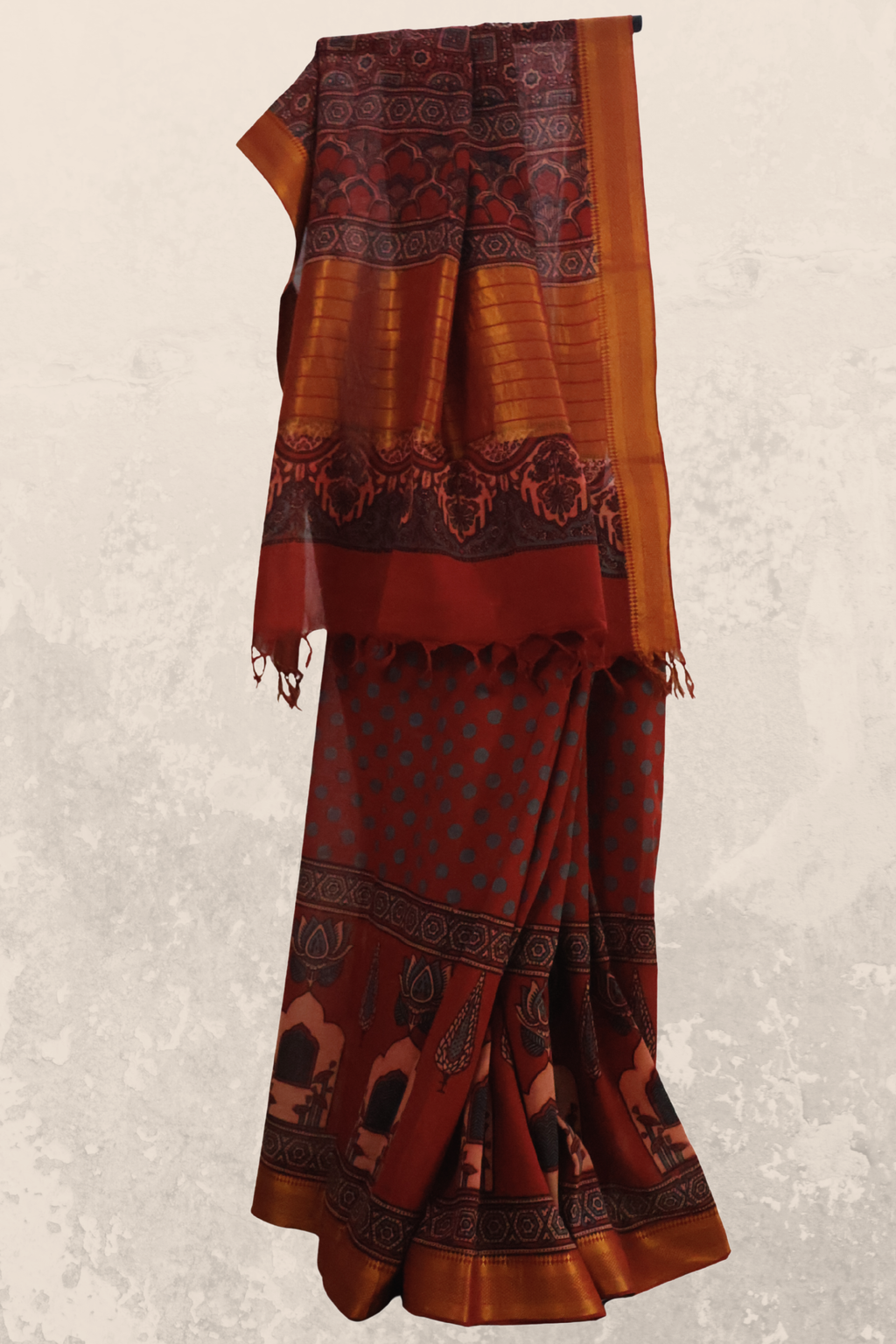 Traditional Ajrakh Cotton Mul Saree with Hand Block Printing
