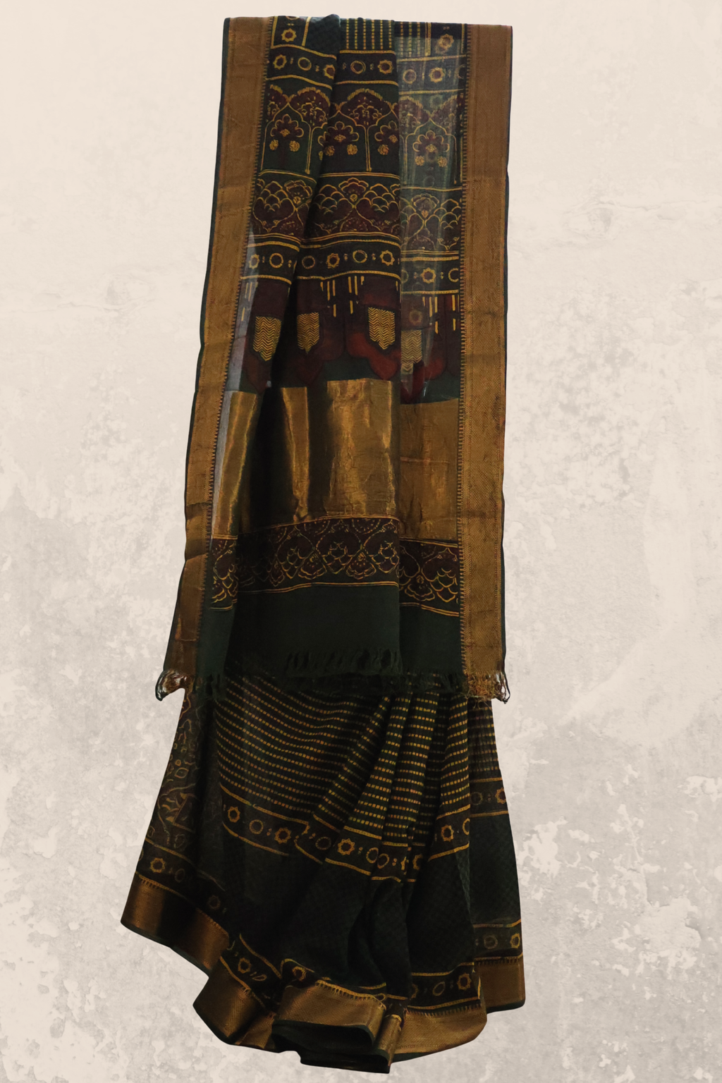 Ajrakh Cotton Mul Saree with Zari Border – Bottle Green