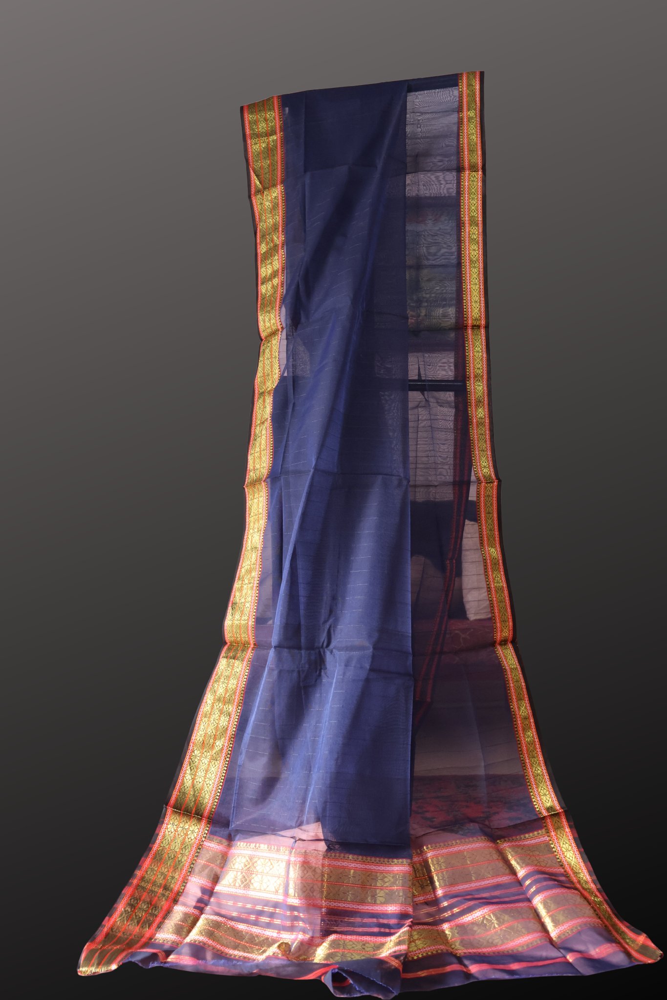 Deep Indigo Induri Silk-Cotton Saree with Traditional Rui-Phool & Zari Border