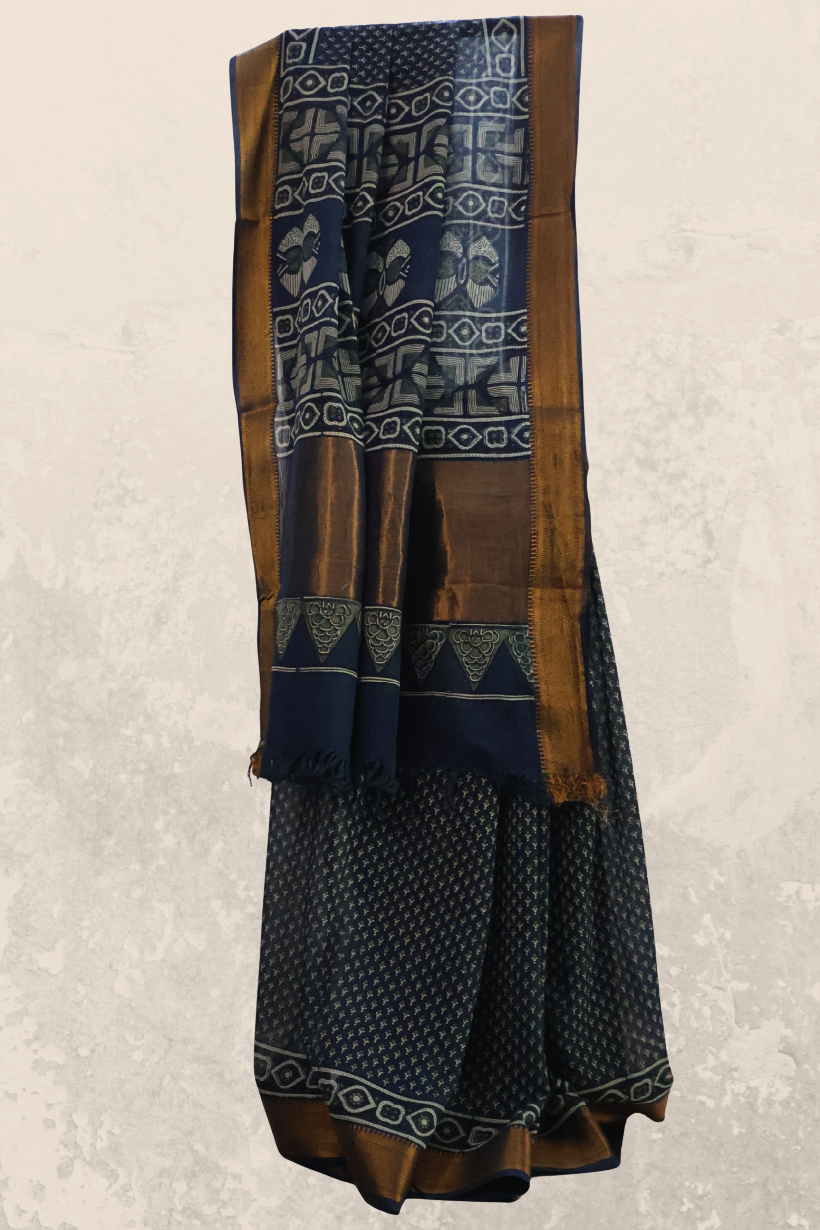 Ajrakh Hand Block Printed Cotton Mul Saree – Indigo