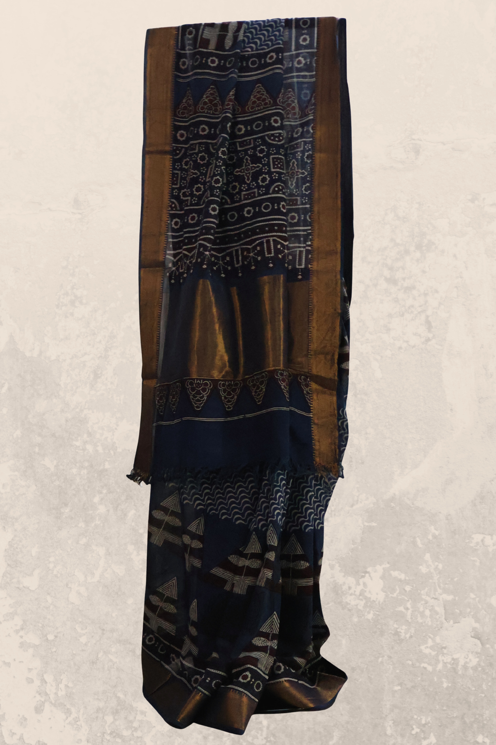 Ajrakh Cotton Mul Saree with Geometric Hand Block Prints