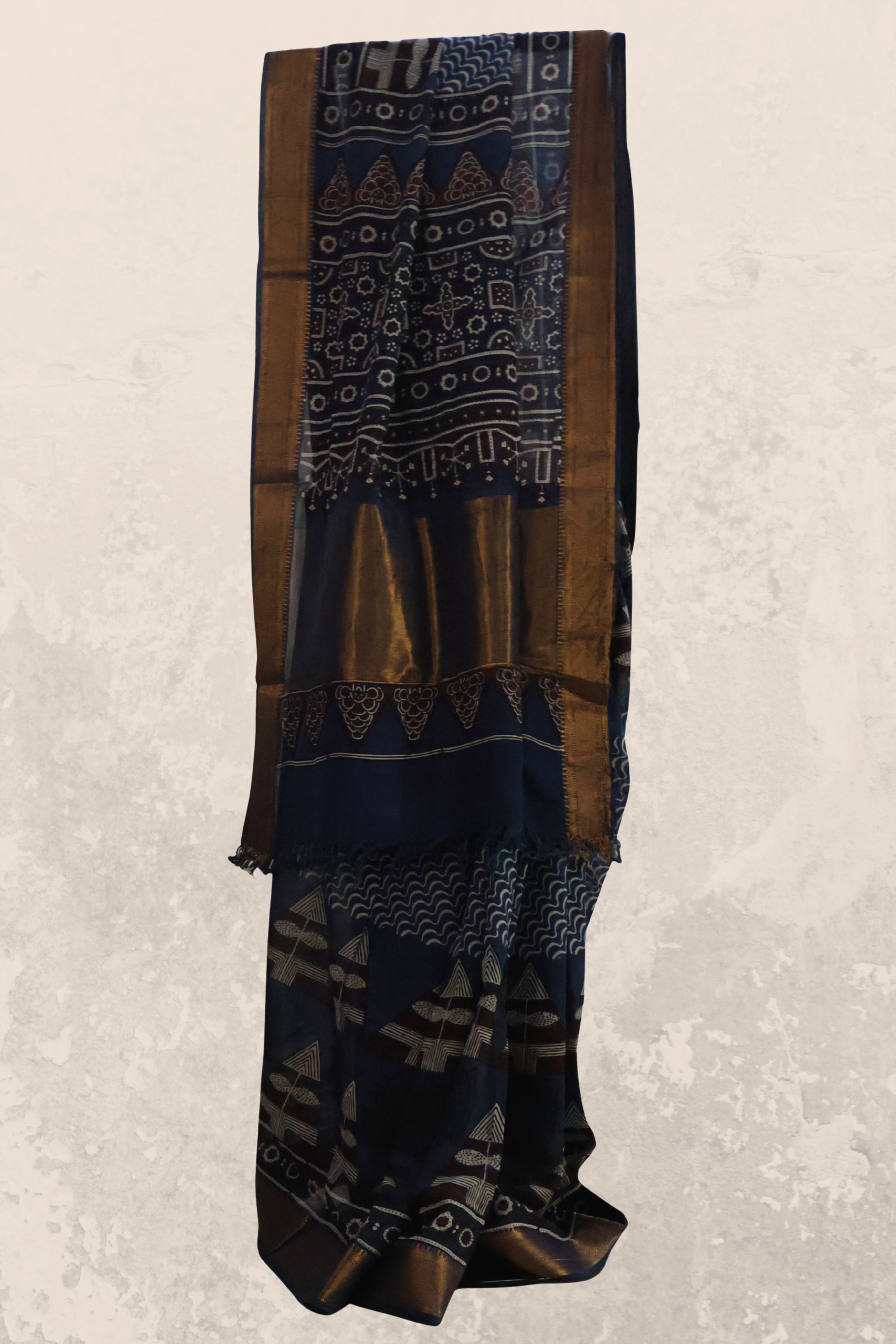 Ajrakh Cotton Mul Saree with Geometric Hand Block Prints