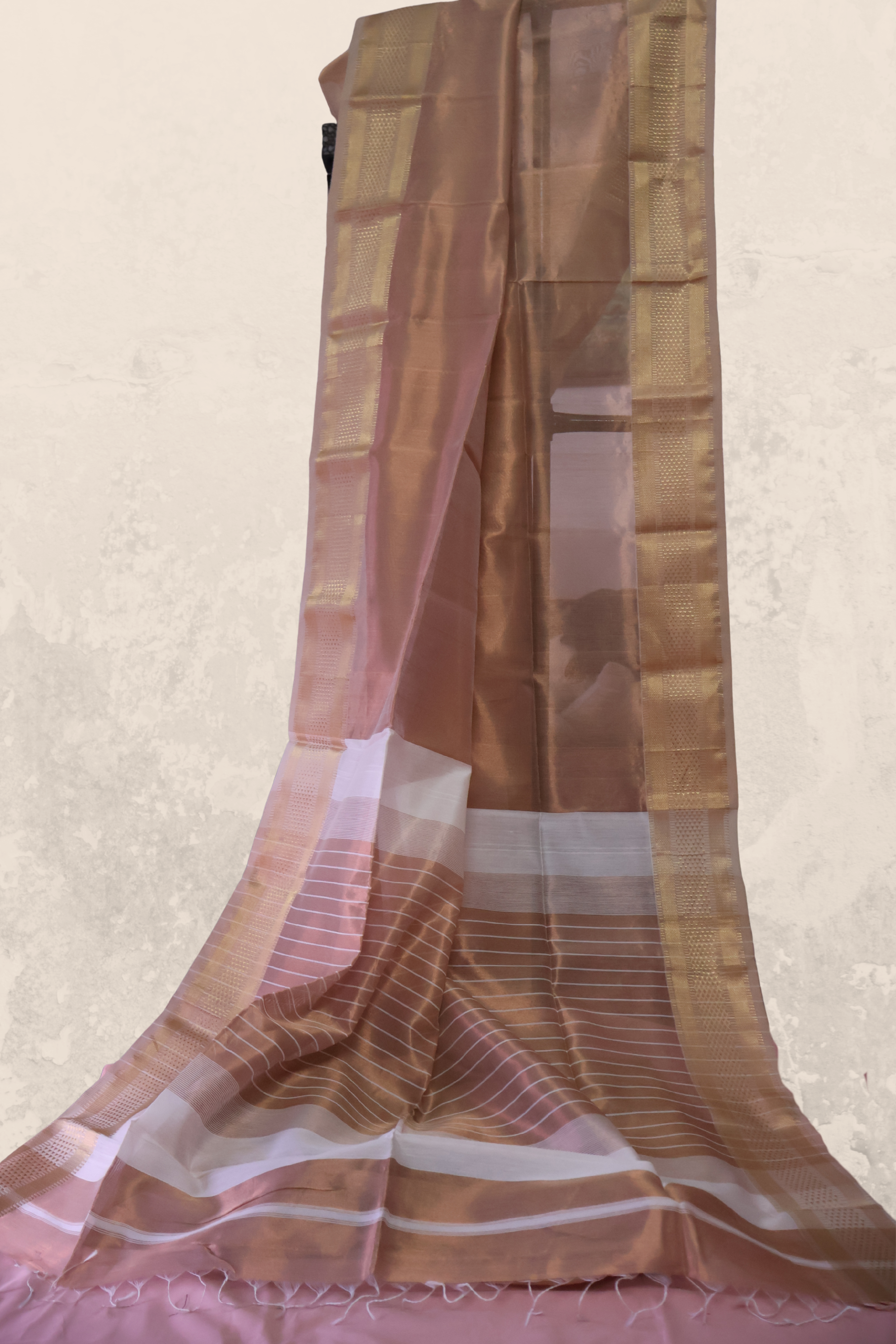 Pastel Gold Tissue Saree in Maheshwari Weave | Lightweight Handloom Elegance