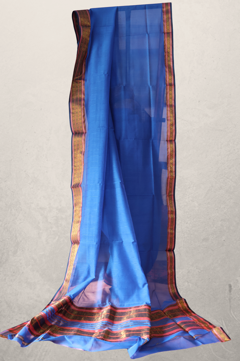 Light Royal Blue Induri Cotton Saree with Traditional Rui-Phool Border | Lightweight Handloom Drape