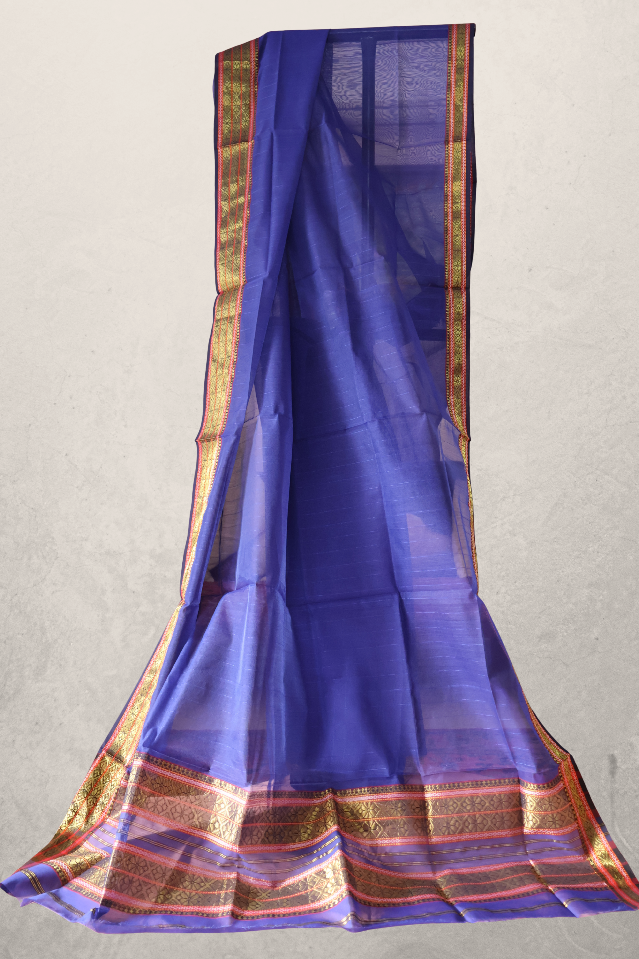 Royal Blue Induri Silk-Cotton Saree with Rui-Phool Border