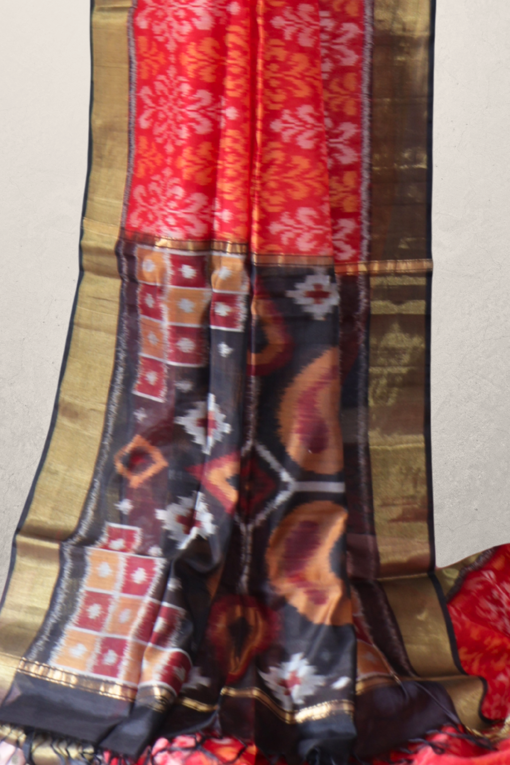 Cotton Silk Pochampally Ikat Saree in Red with Black Zari Border