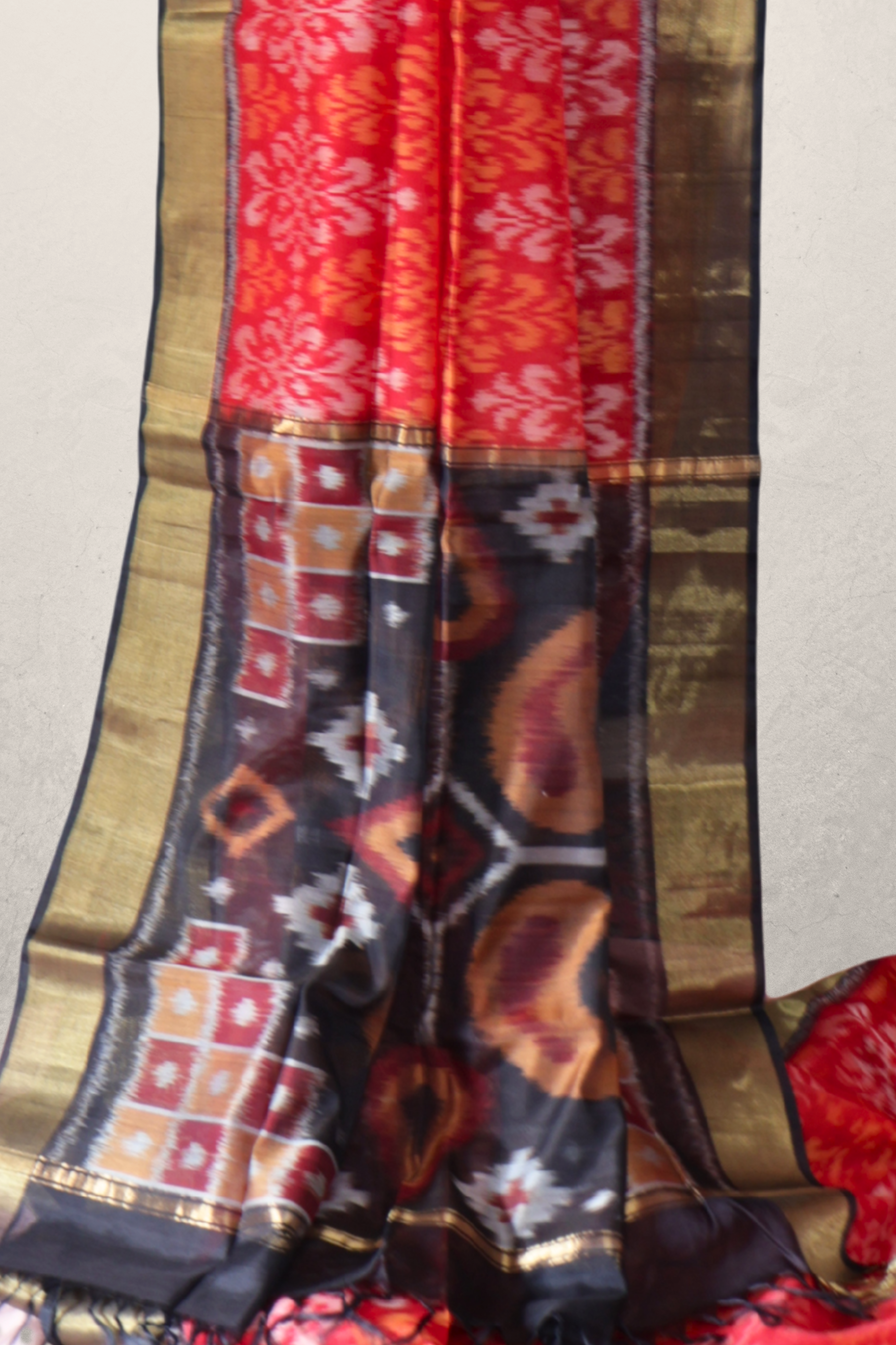 Cotton Silk Pochampally Ikat Saree in Red with Black Zari Border
