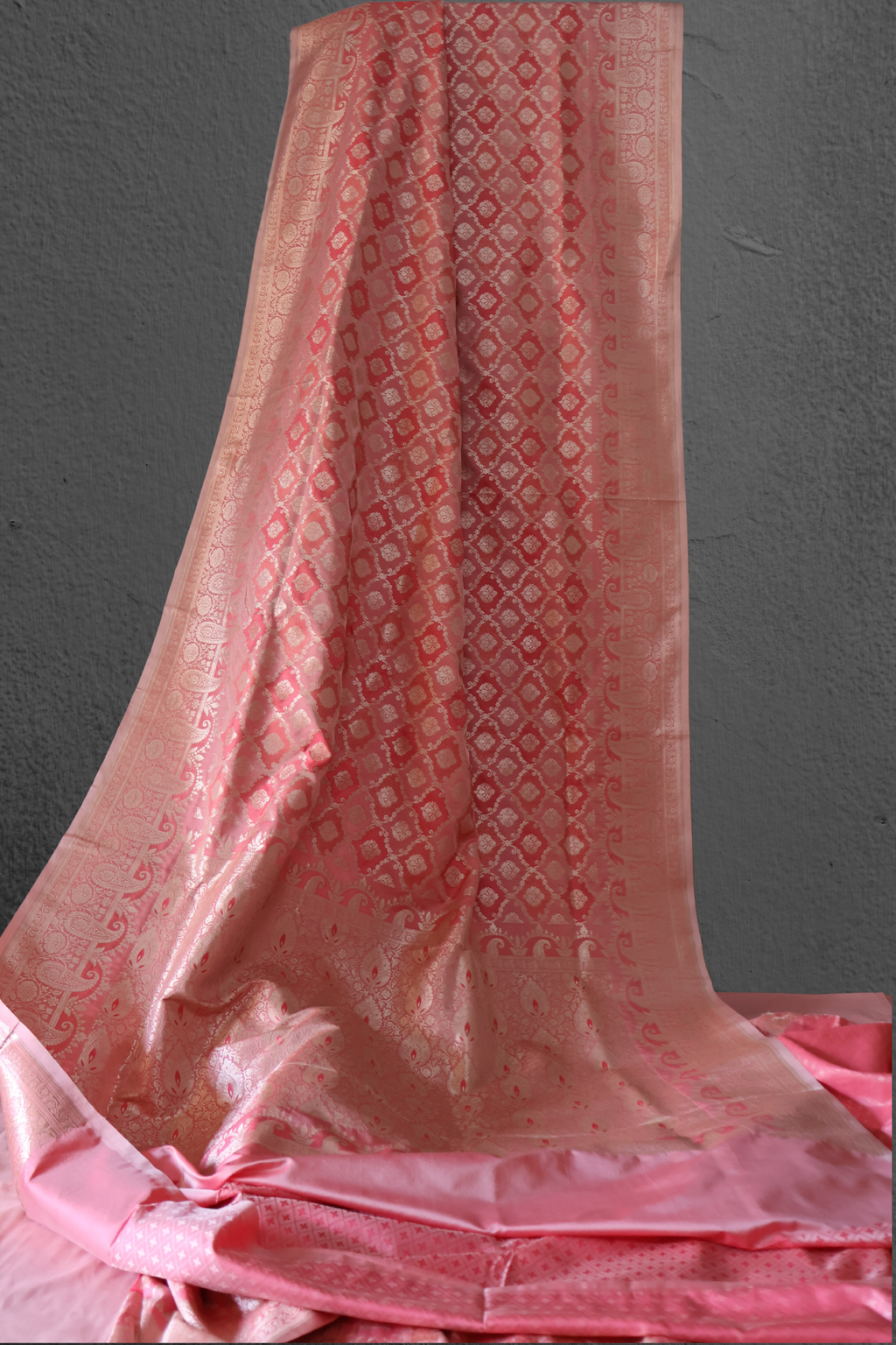 Peach Katan Silk Banarasi Saree with Silver Zari Motifs & Ornate Border