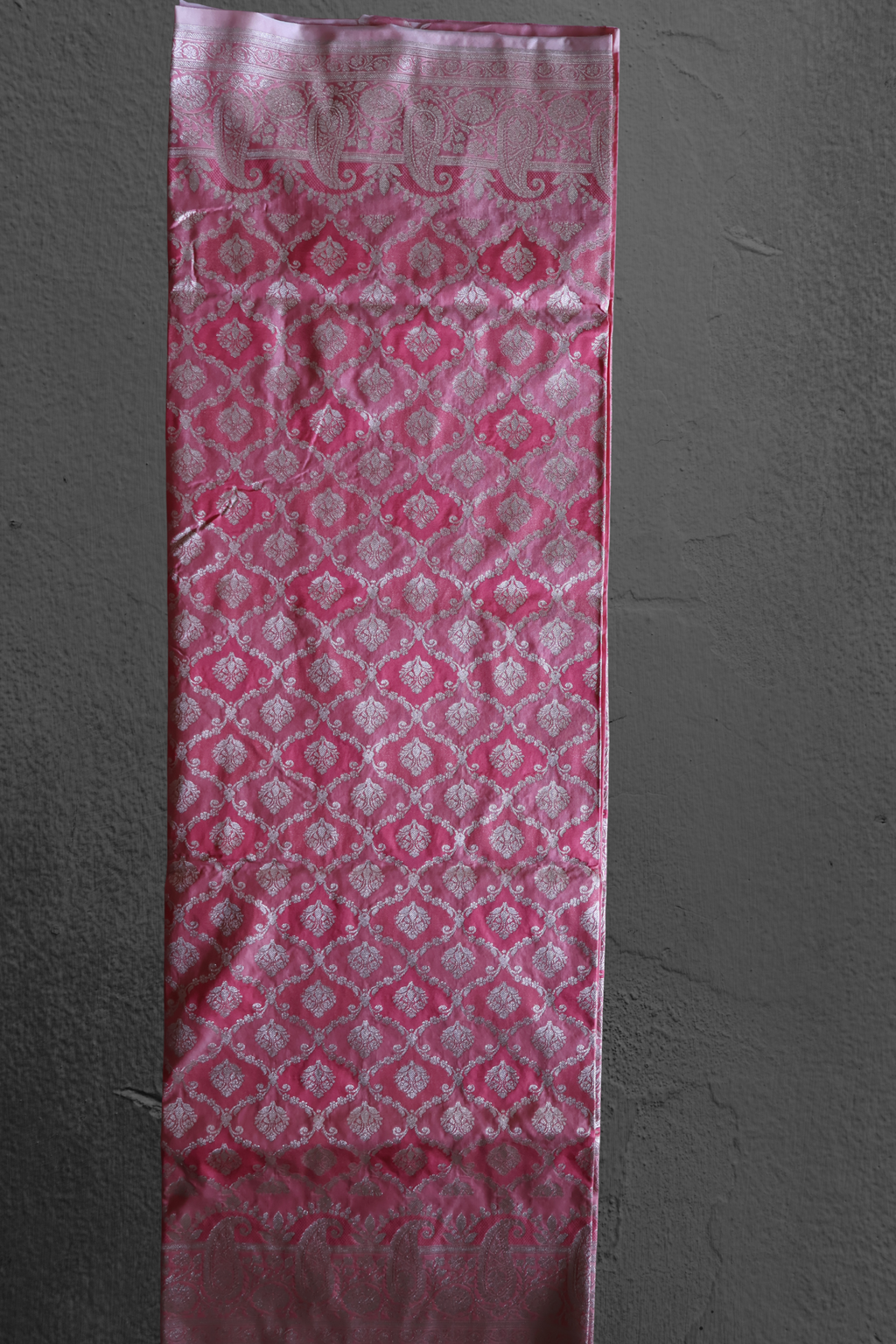Peach Katan Silk Banarasi Saree with Silver Zari Motifs & Ornate Border