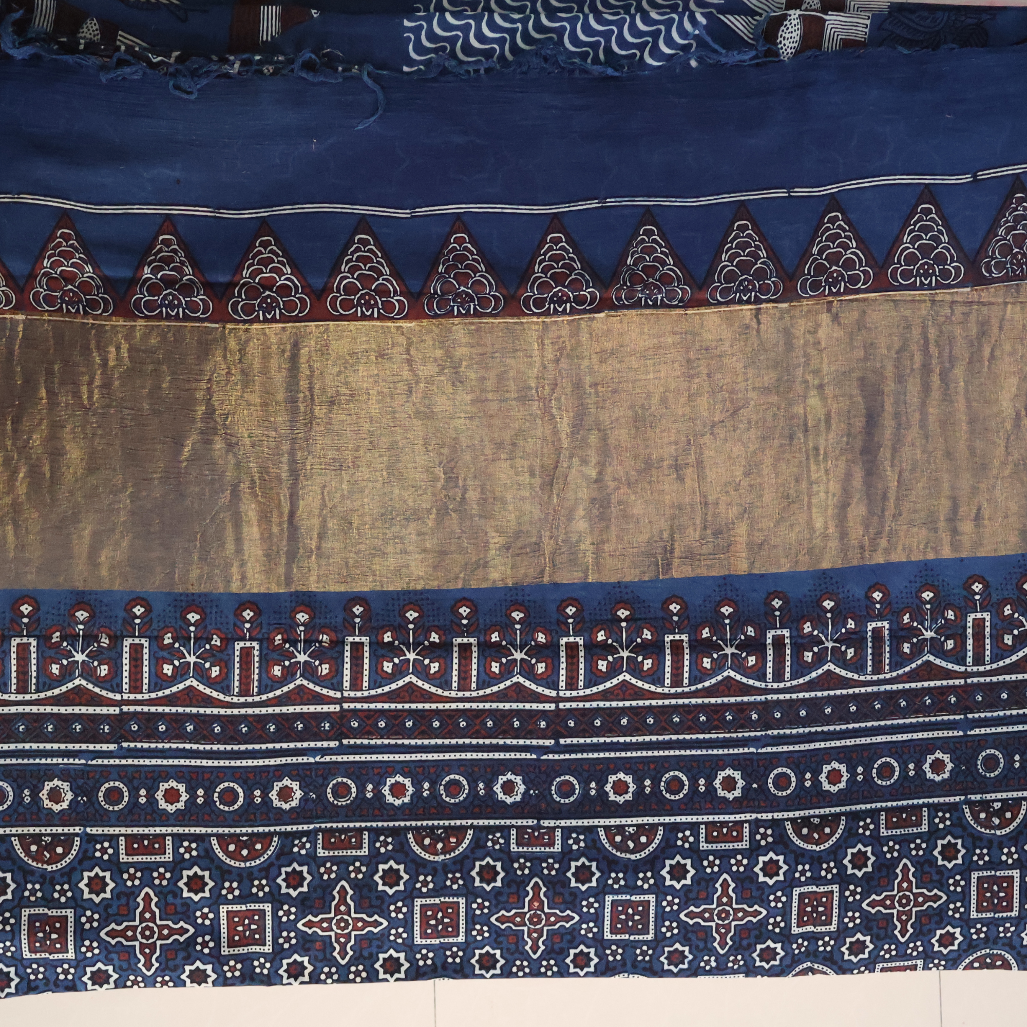 Ajrakh Cotton Mul Saree with Geometric Hand Block Prints