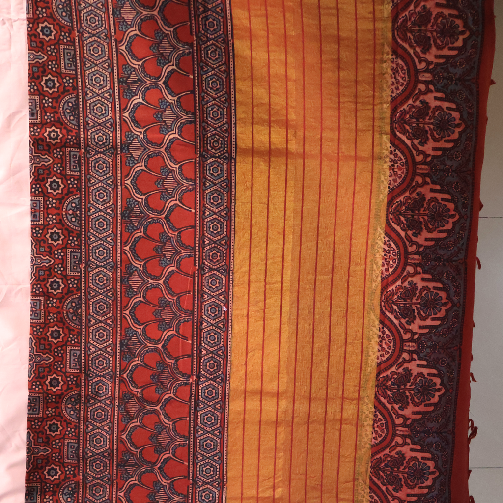 Traditional Ajrakh Cotton Mul Saree with Hand Block Printing