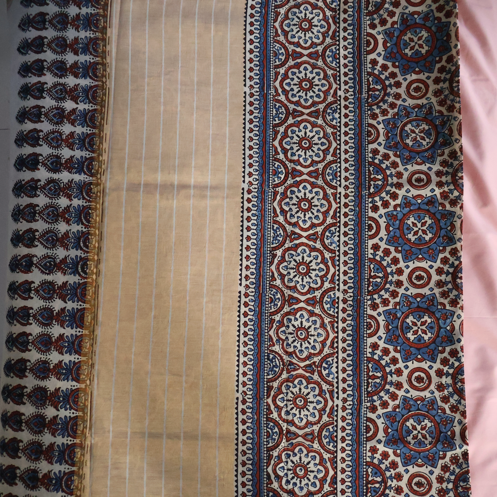 Ajrakh Cotton Mul Saree with Geometric Hand Block Prints