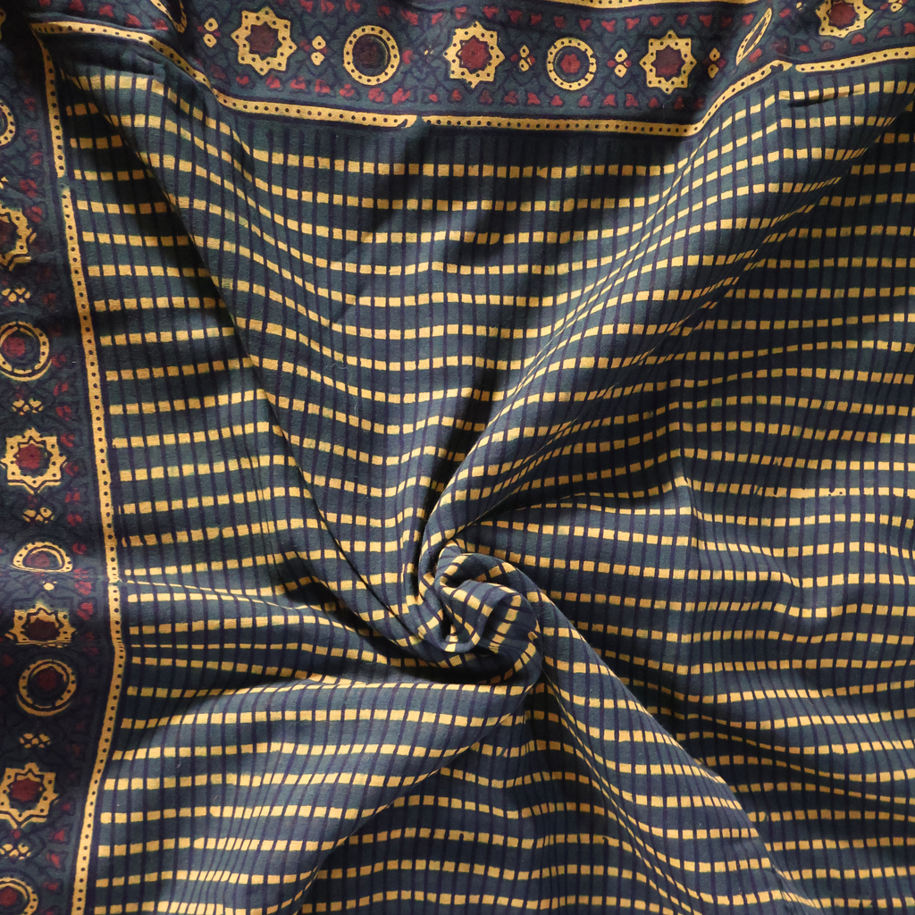 Ajrakh Cotton Mul Saree with Zari Border – Bottle Green