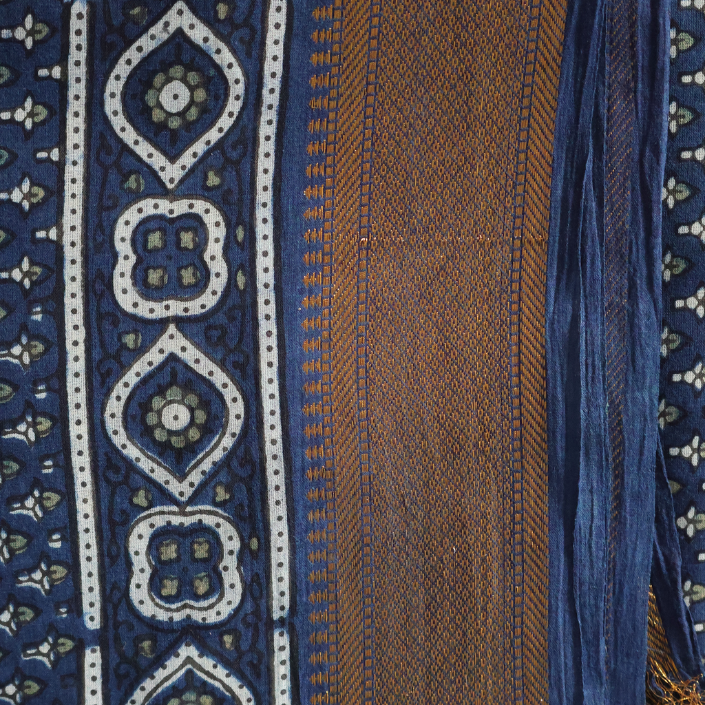 Ajrakh Hand Block Printed Cotton Mul Saree – Indigo