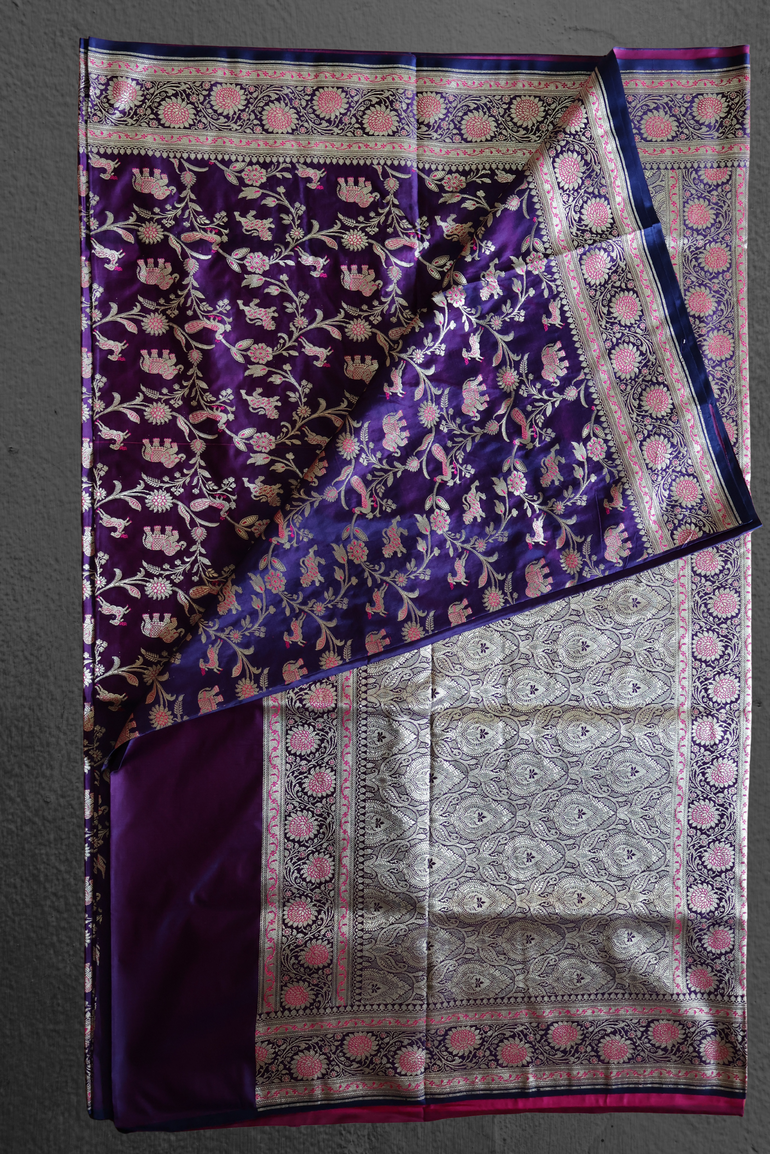 Royal Purple Banarasi Mashru Silk Saree in Classic Shikargah Pattern
