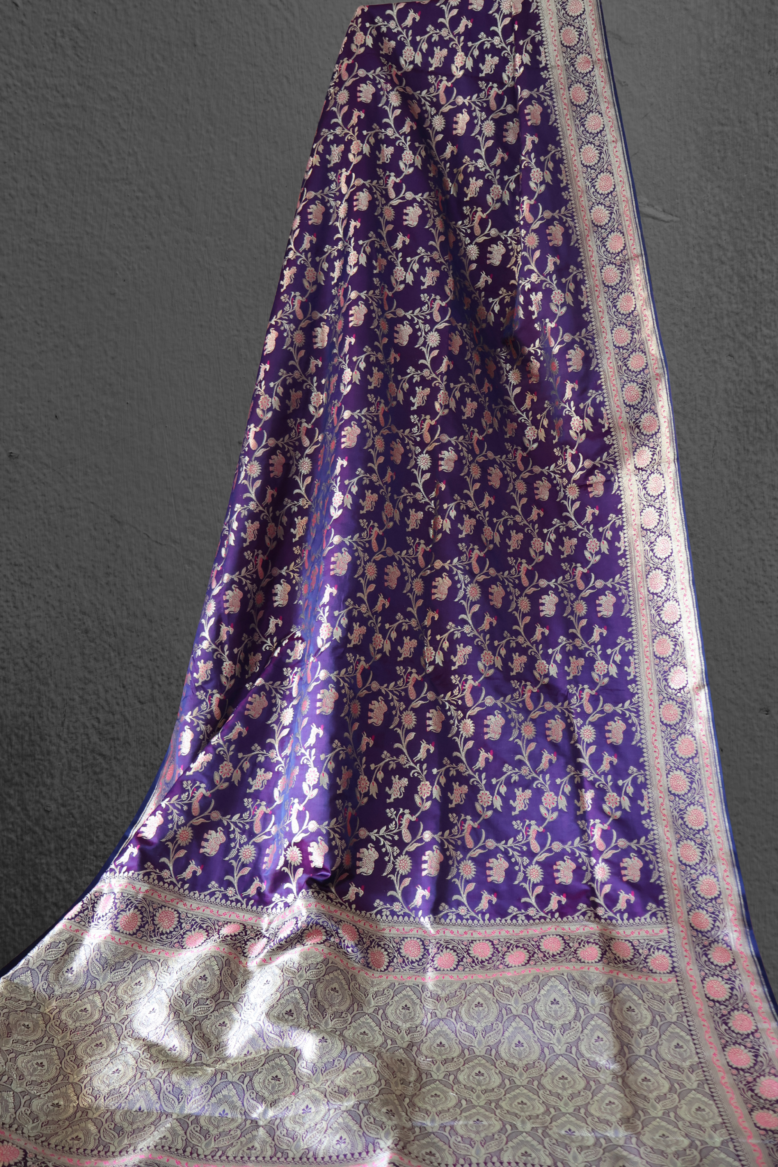 Royal Purple Banarasi Mashru Silk Saree in Classic Shikargah Pattern