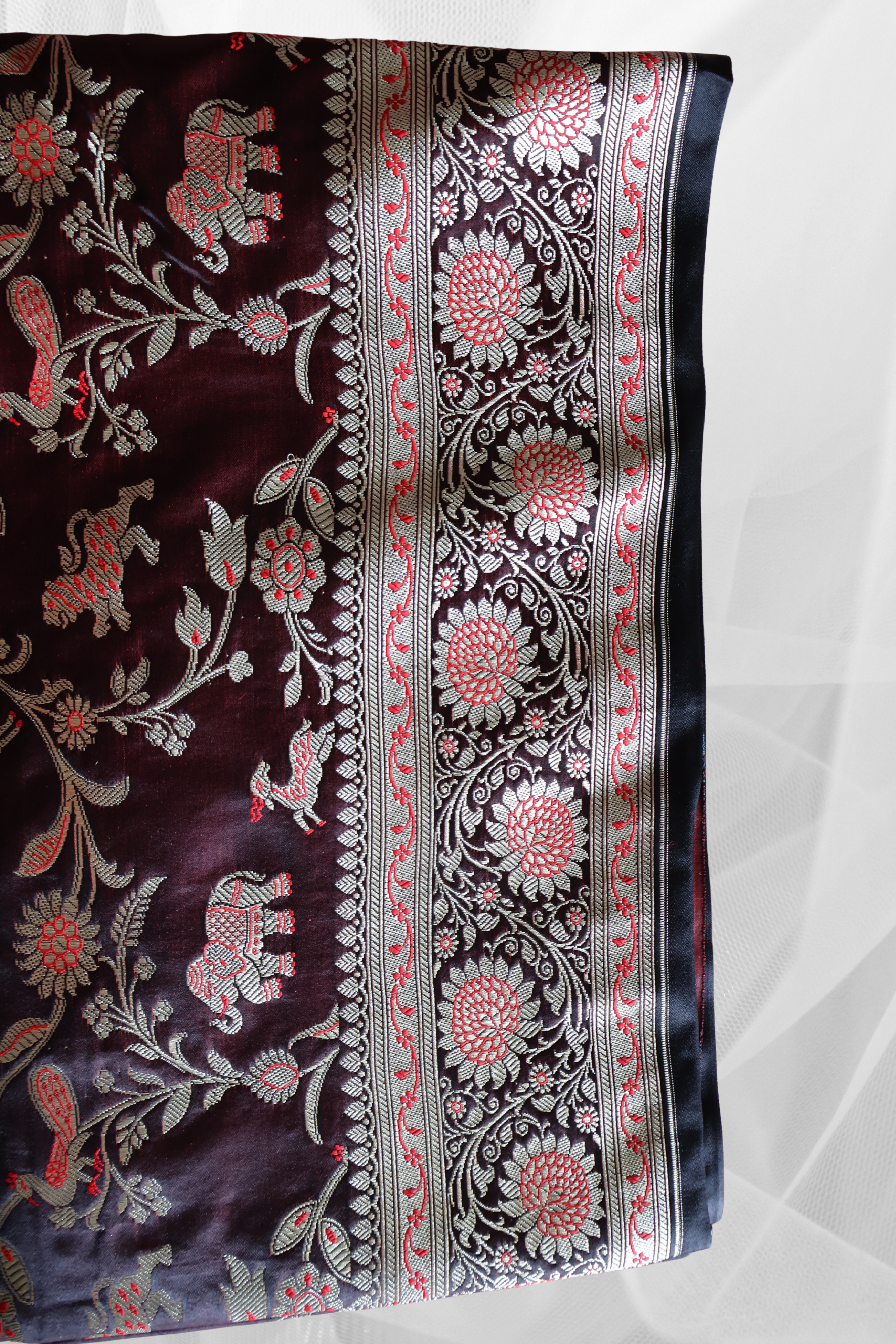 Dual-Tone Black and Red Banarasi Mashru Silk Saree in Classic Shikargah Pattern