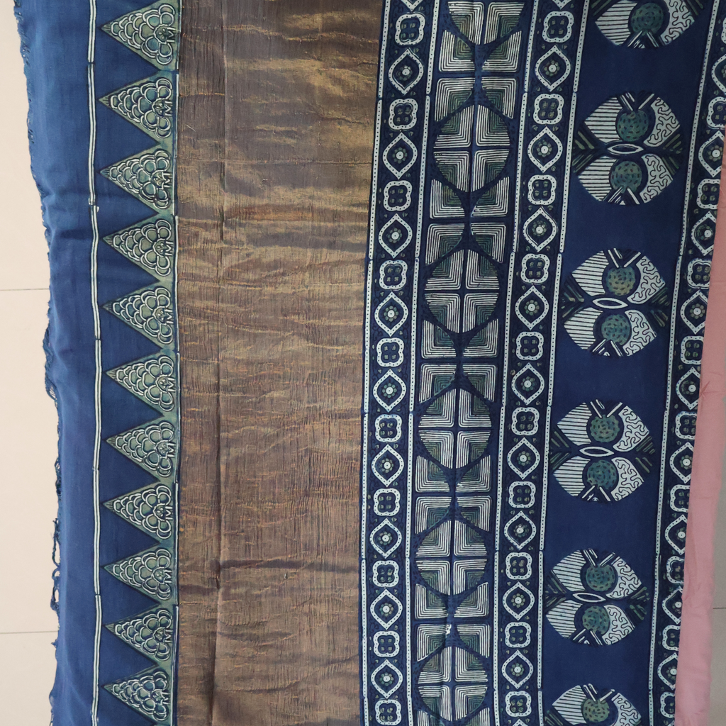Ajrakh Hand Block Printed Cotton Mul Saree – Indigo