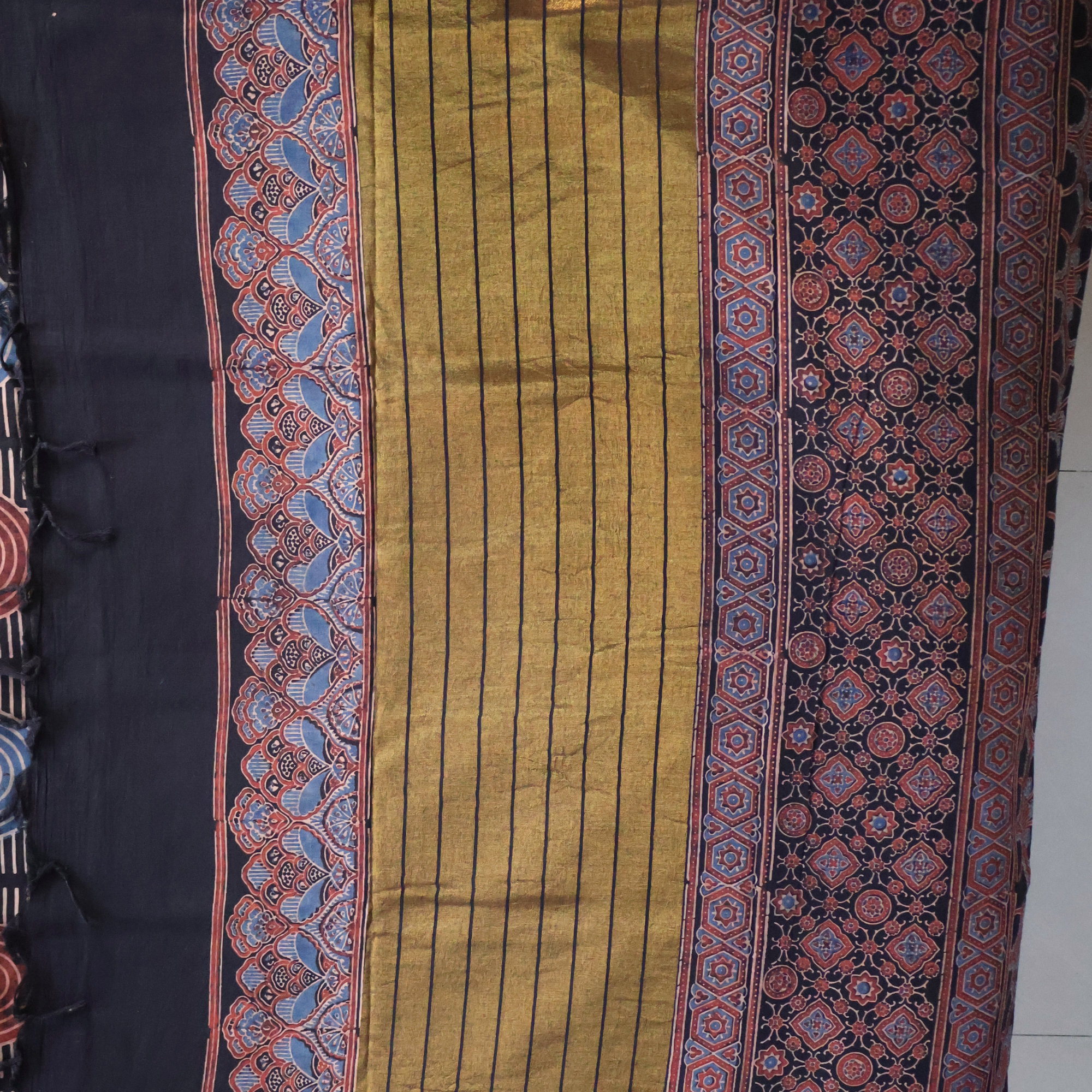 Ajrakh Cotton Mul Saree with Geometric Hand Block Prints