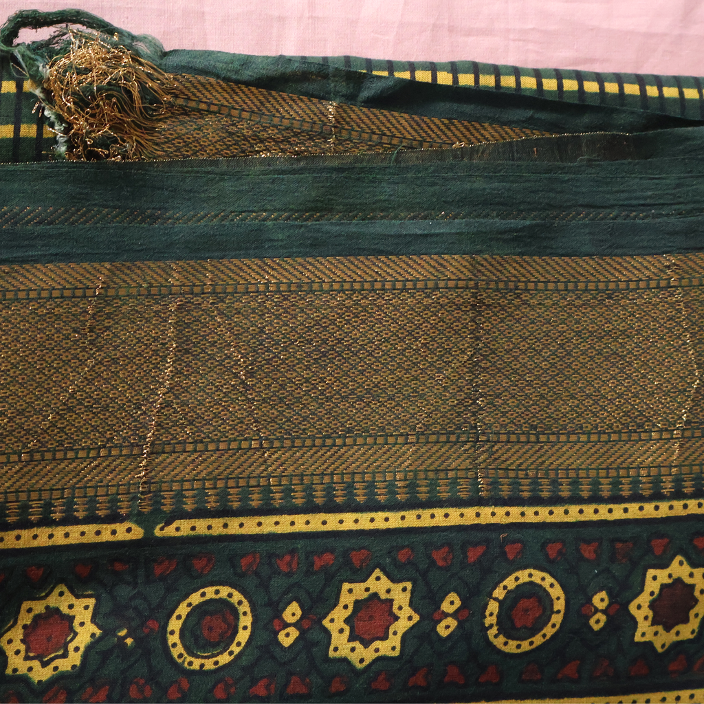 Ajrakh Cotton Mul Saree with Zari Border – Bottle Green
