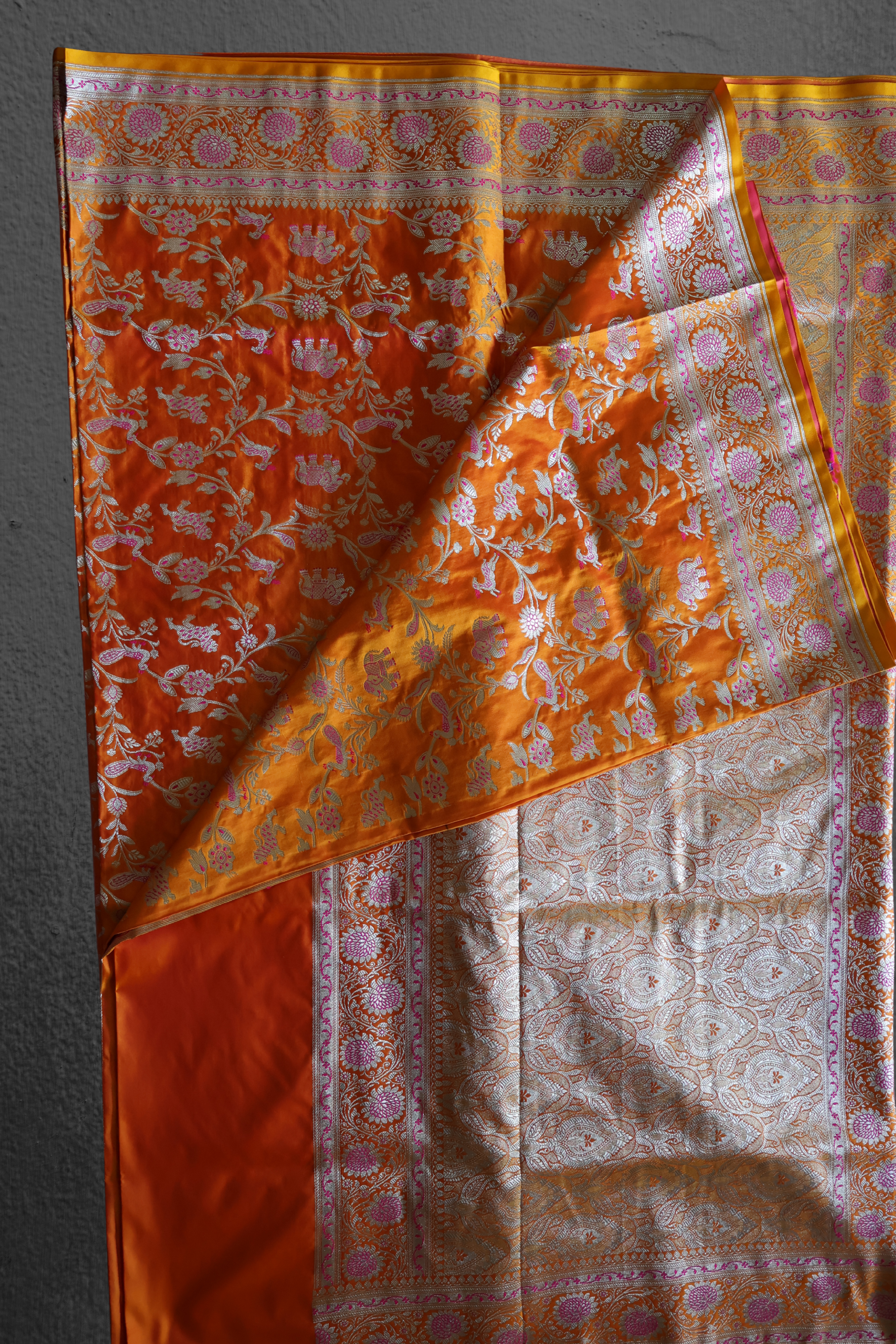 Golden Yellow Banarasi Mashru Silk Saree with Pink Shikargah Zari Motifs