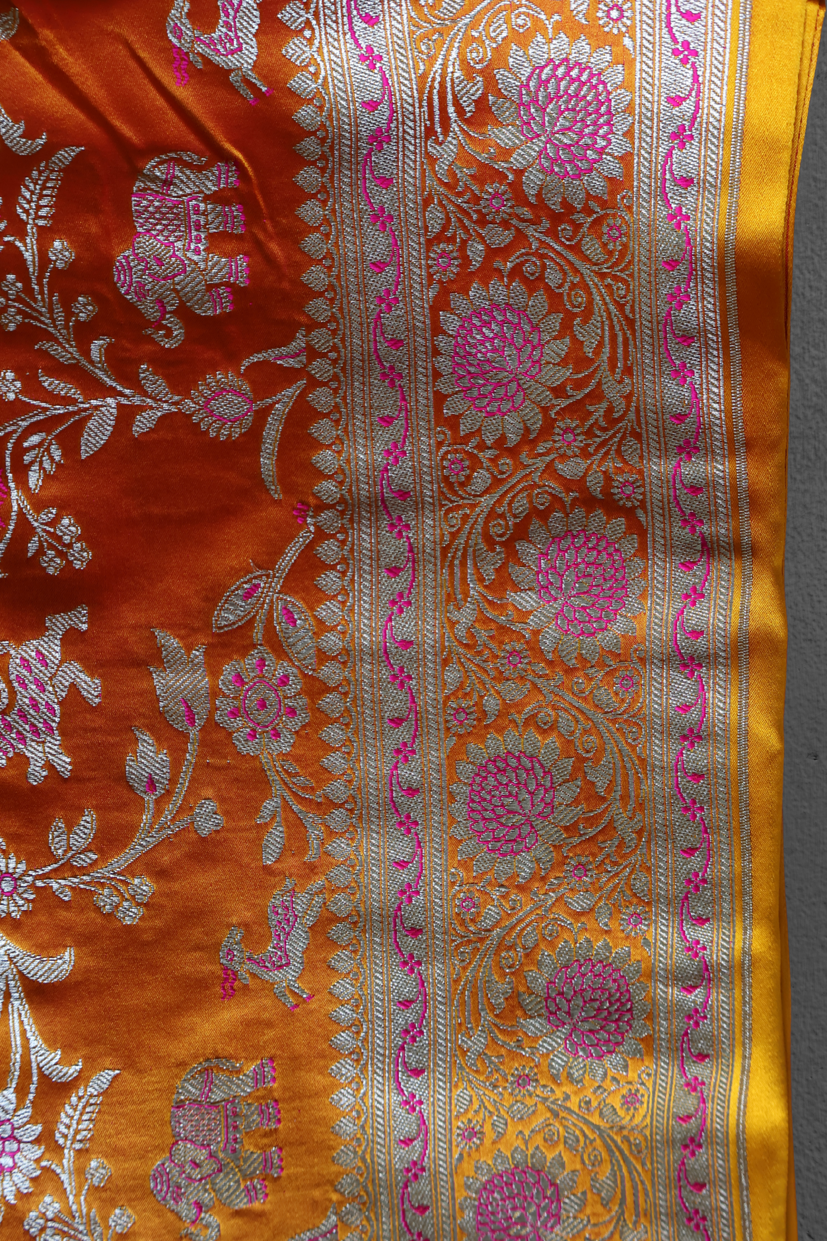 Golden Yellow Banarasi Mashru Silk Saree with Pink Shikargah Zari Motifs