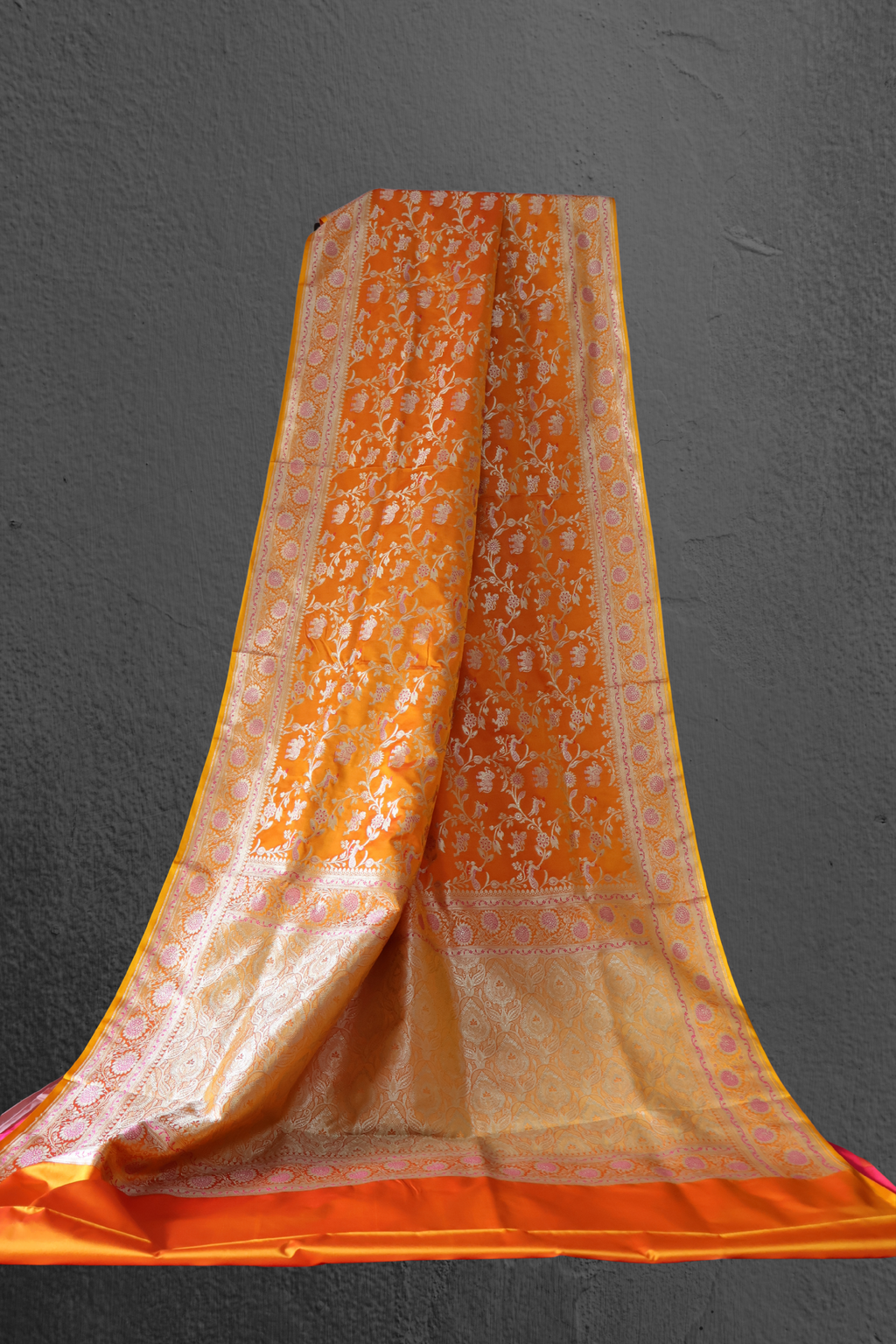 Golden Yellow Banarasi Mashru Silk Saree with Pink Shikargah Zari Motifs