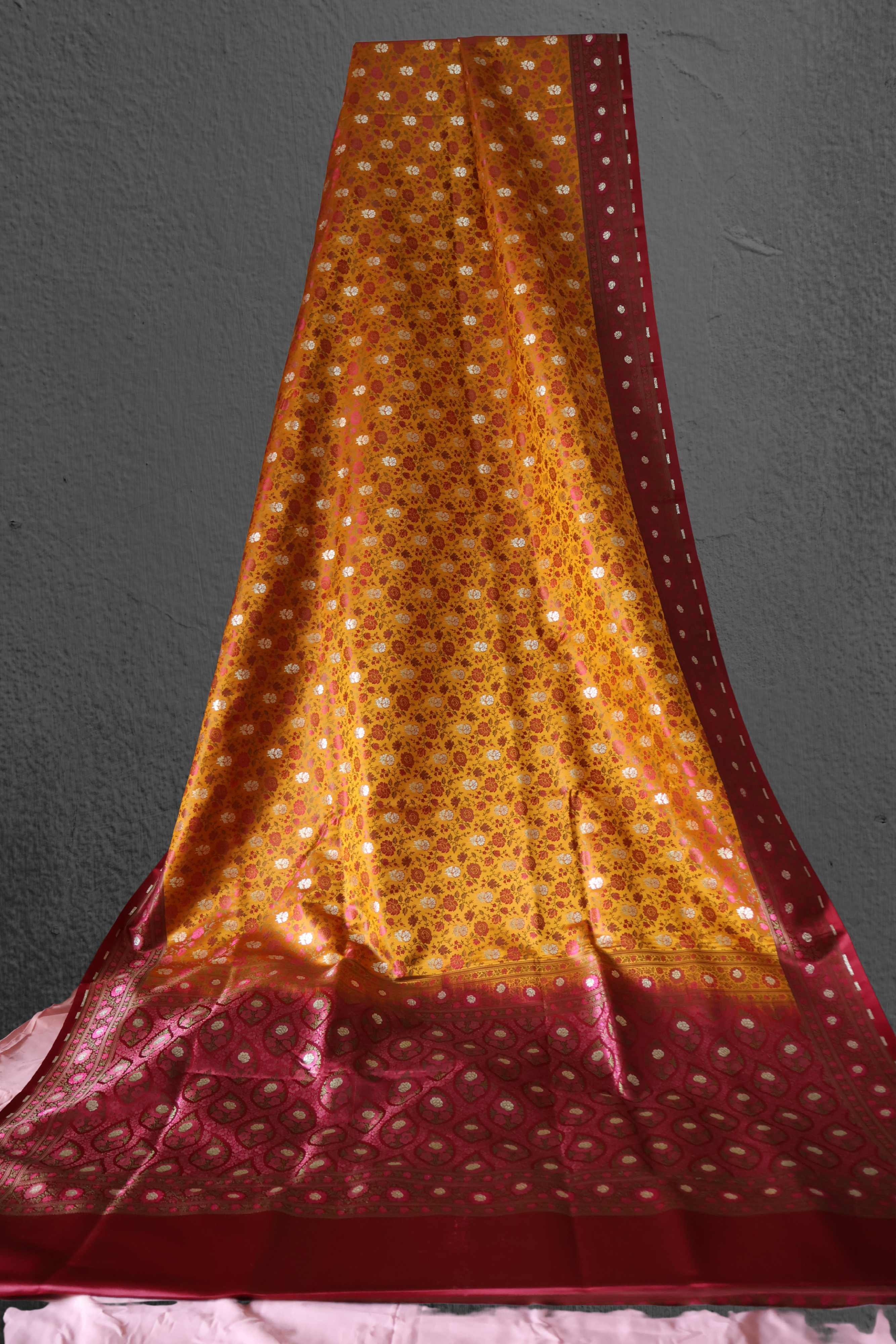 Mustard Yellow Banarasi Mashru Silk Saree with Maroon Jamawar Border