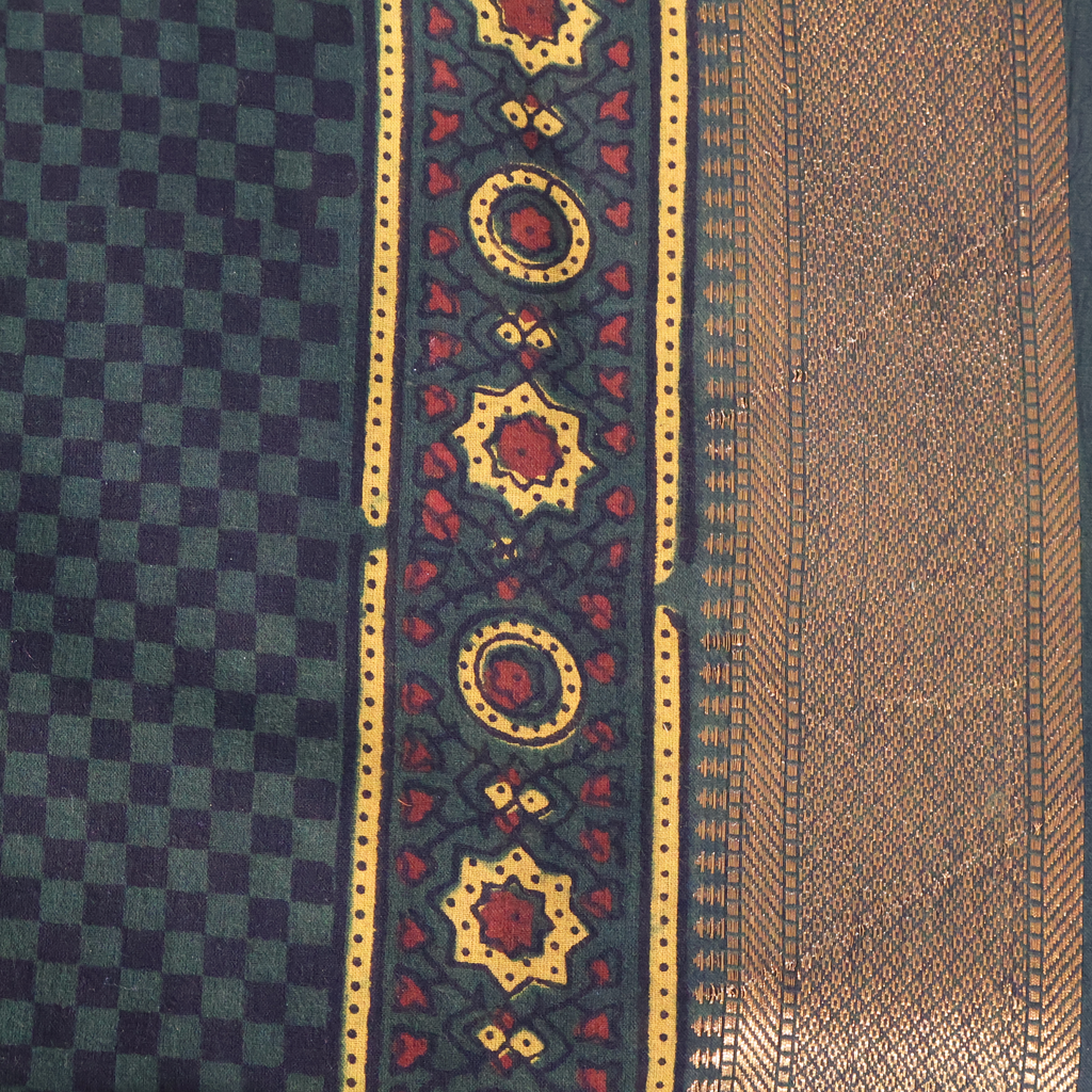 Ajrakh Cotton Mul Saree with Zari Border – Bottle Green