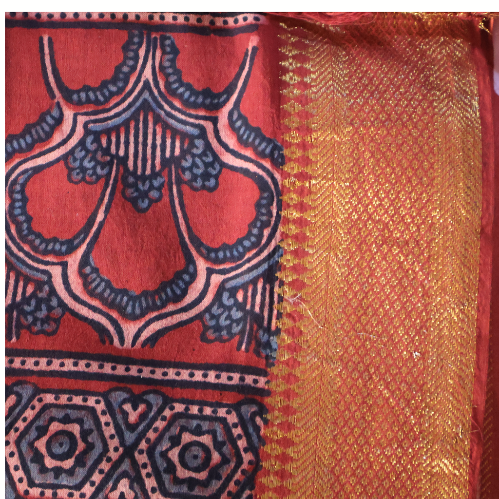 Traditional Ajrakh Cotton Mul Saree with Hand Block Printing