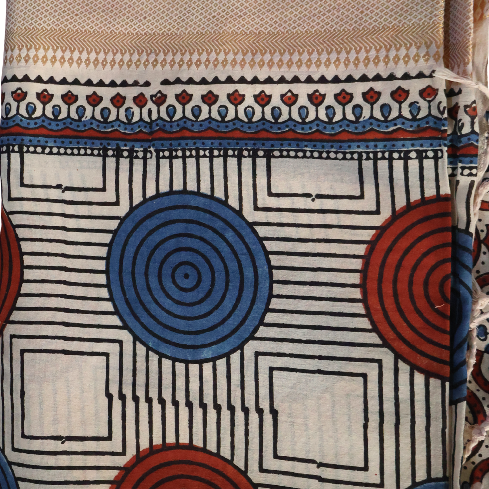 Ajrakh Cotton Mul Saree with Geometric Hand Block Prints