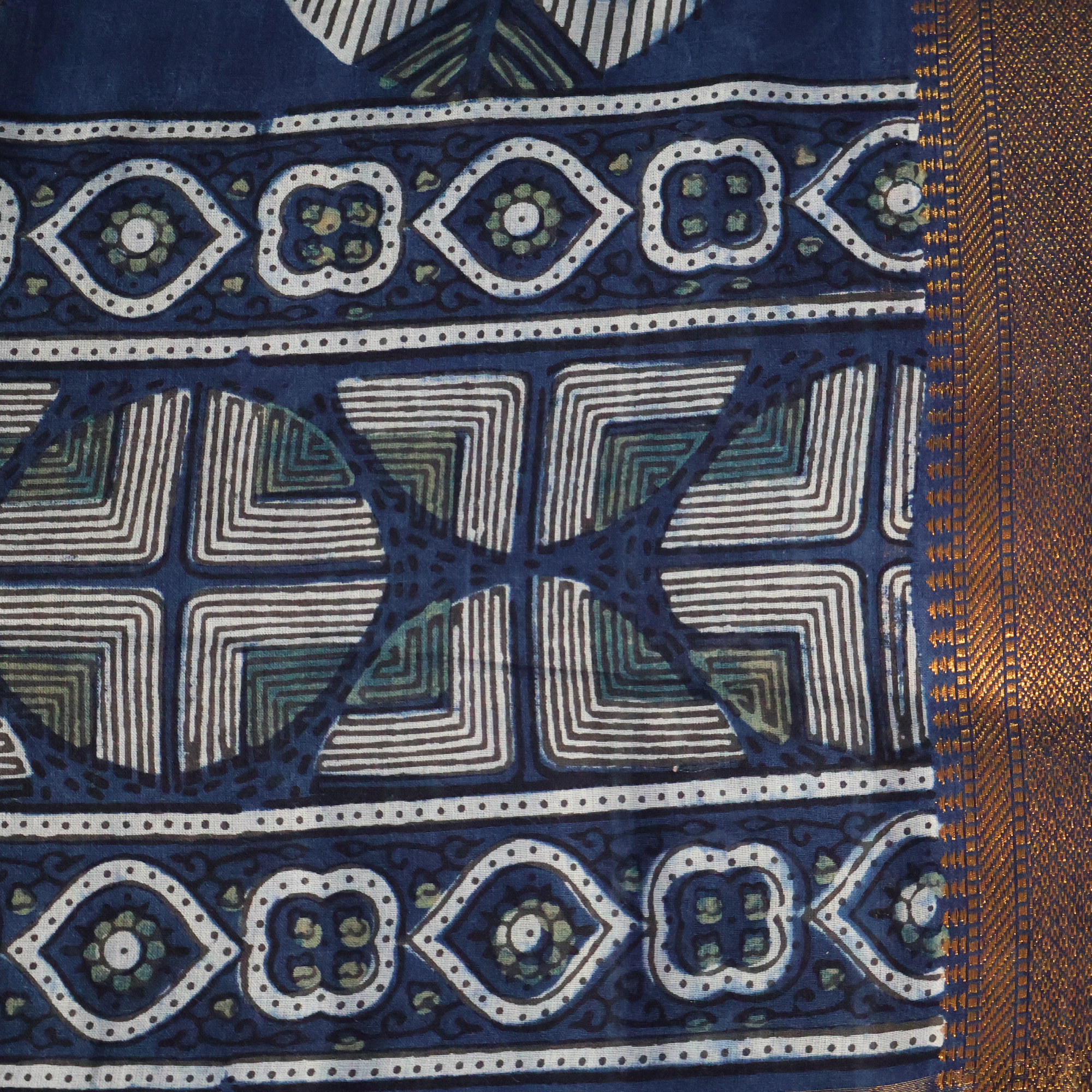 Ajrakh Hand Block Printed Cotton Mul Saree – Indigo