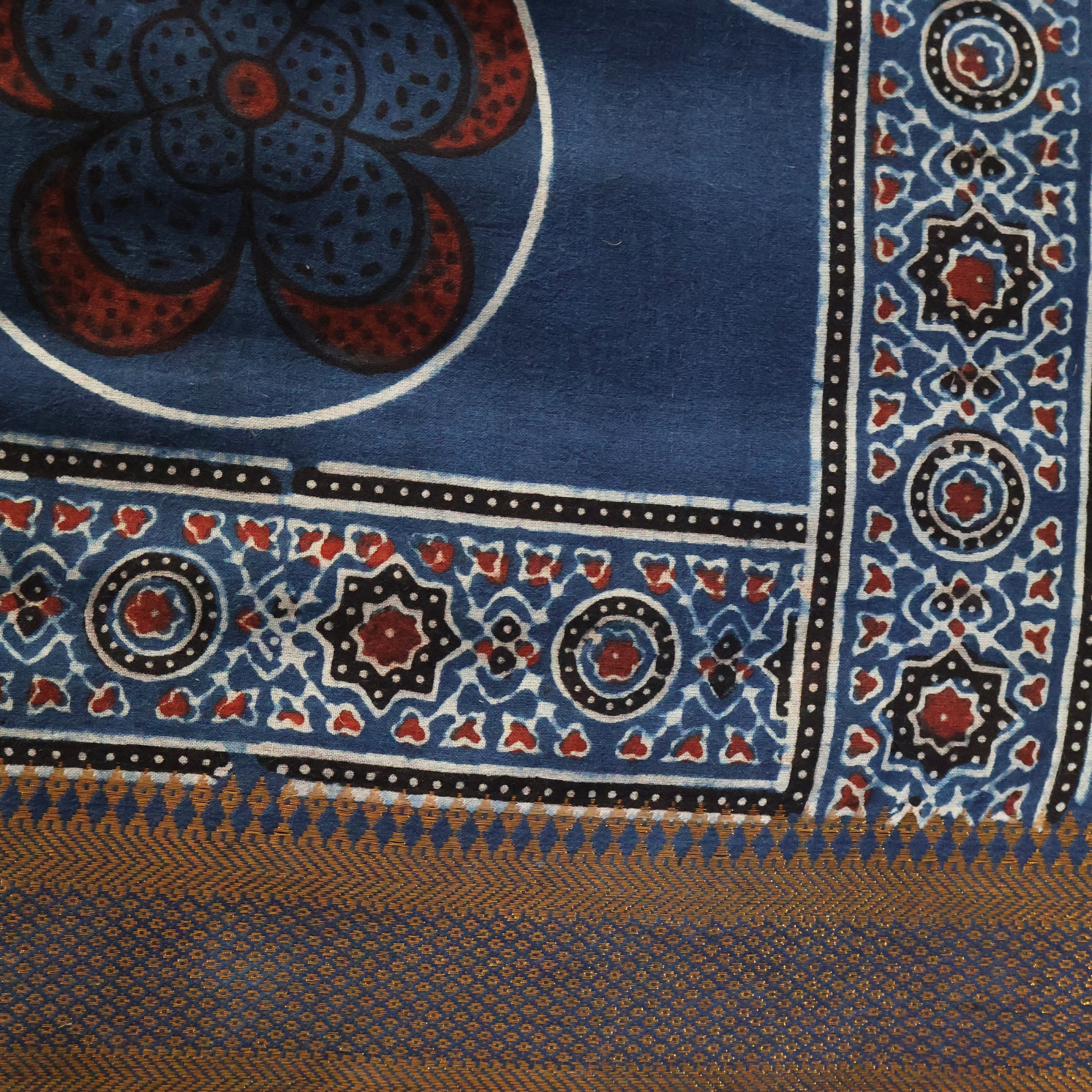 Traditional Ajrakh Cotton Mul Saree with Hand Block Printing