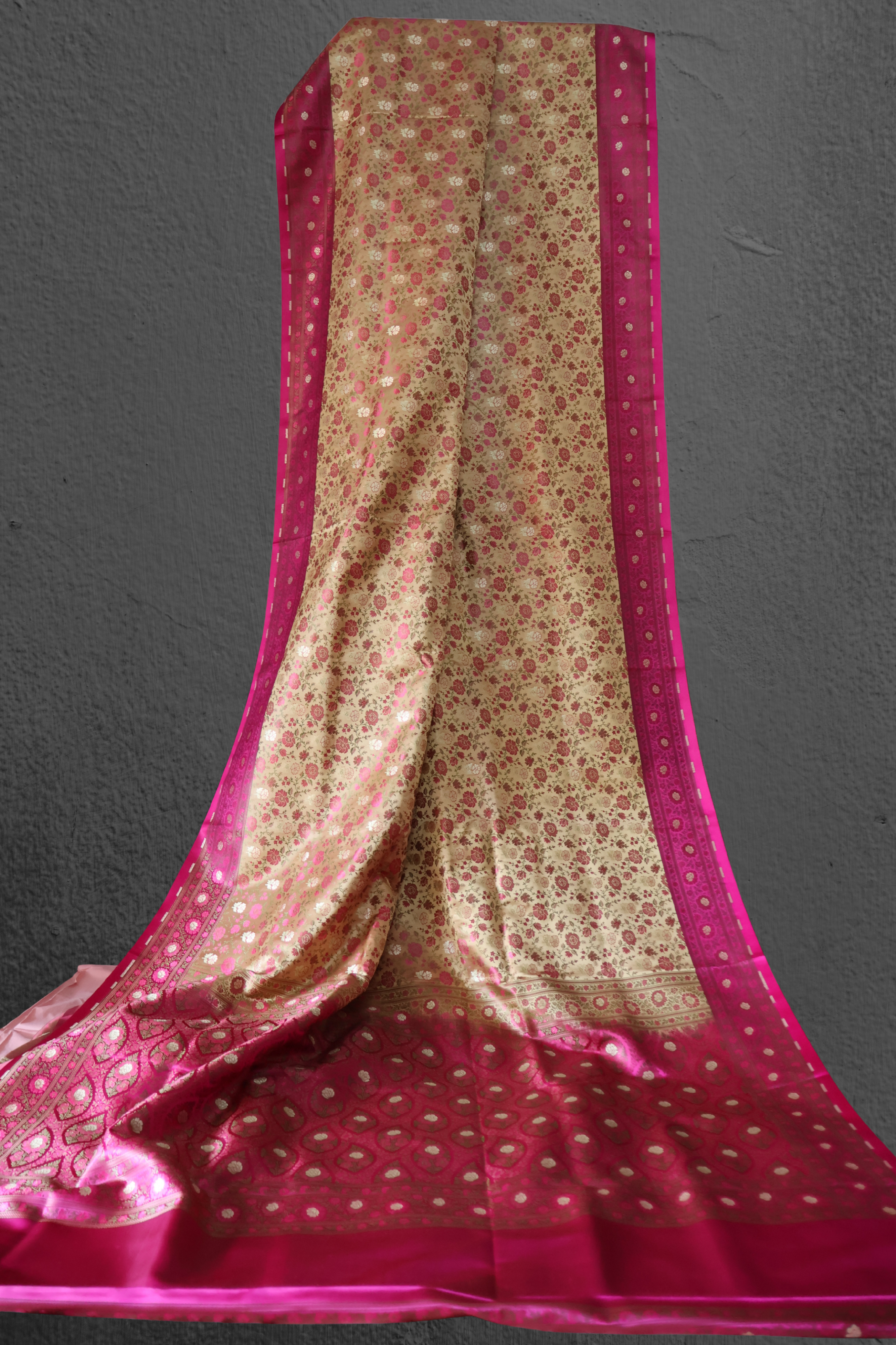 Banarasi Mashru Silk Saree in Beige and Rani Pink with Traditional Floral Motifs