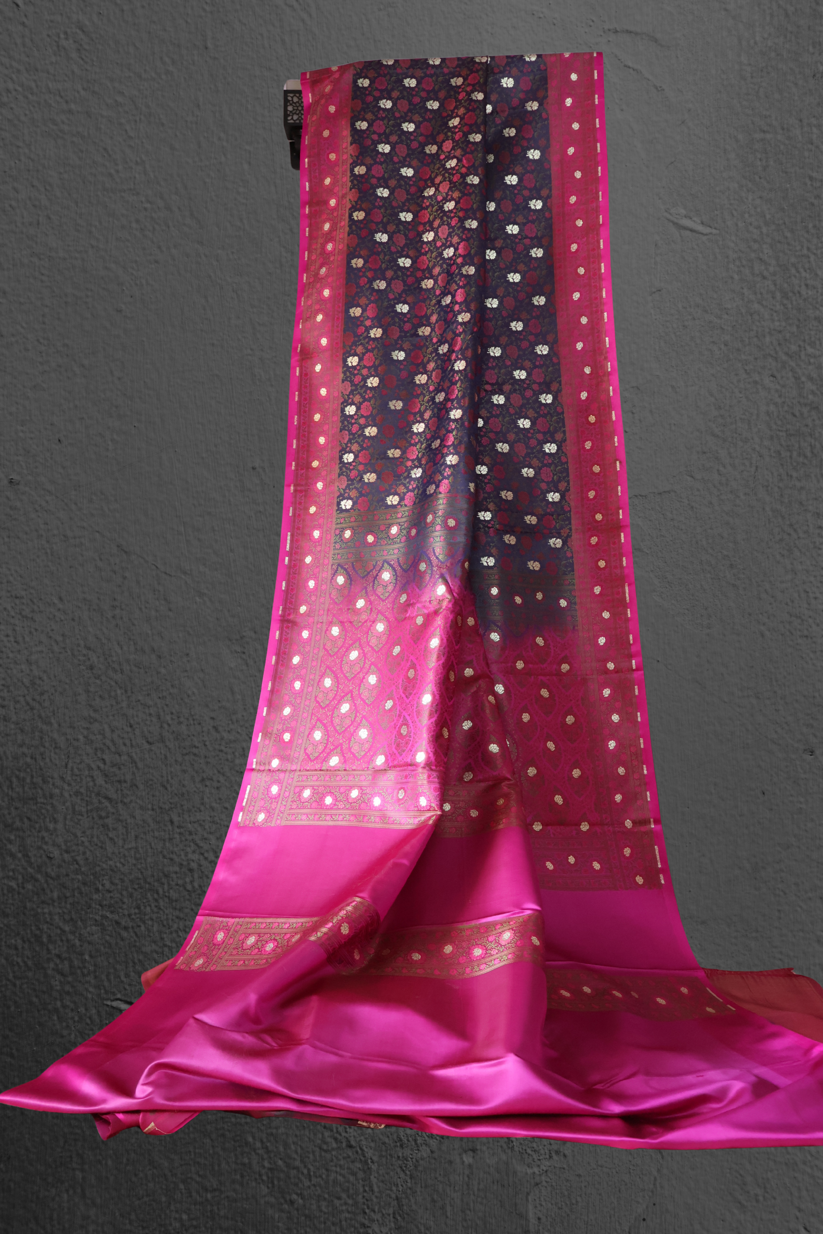 Navy Blue & Rani Pink Banarasi Mashru Silk Saree with Floral Jamawar Weave