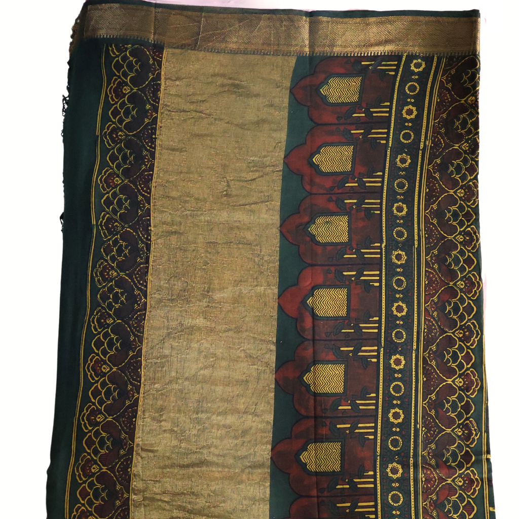 Ajrakh Cotton Mul Saree with Zari Border – Bottle Green