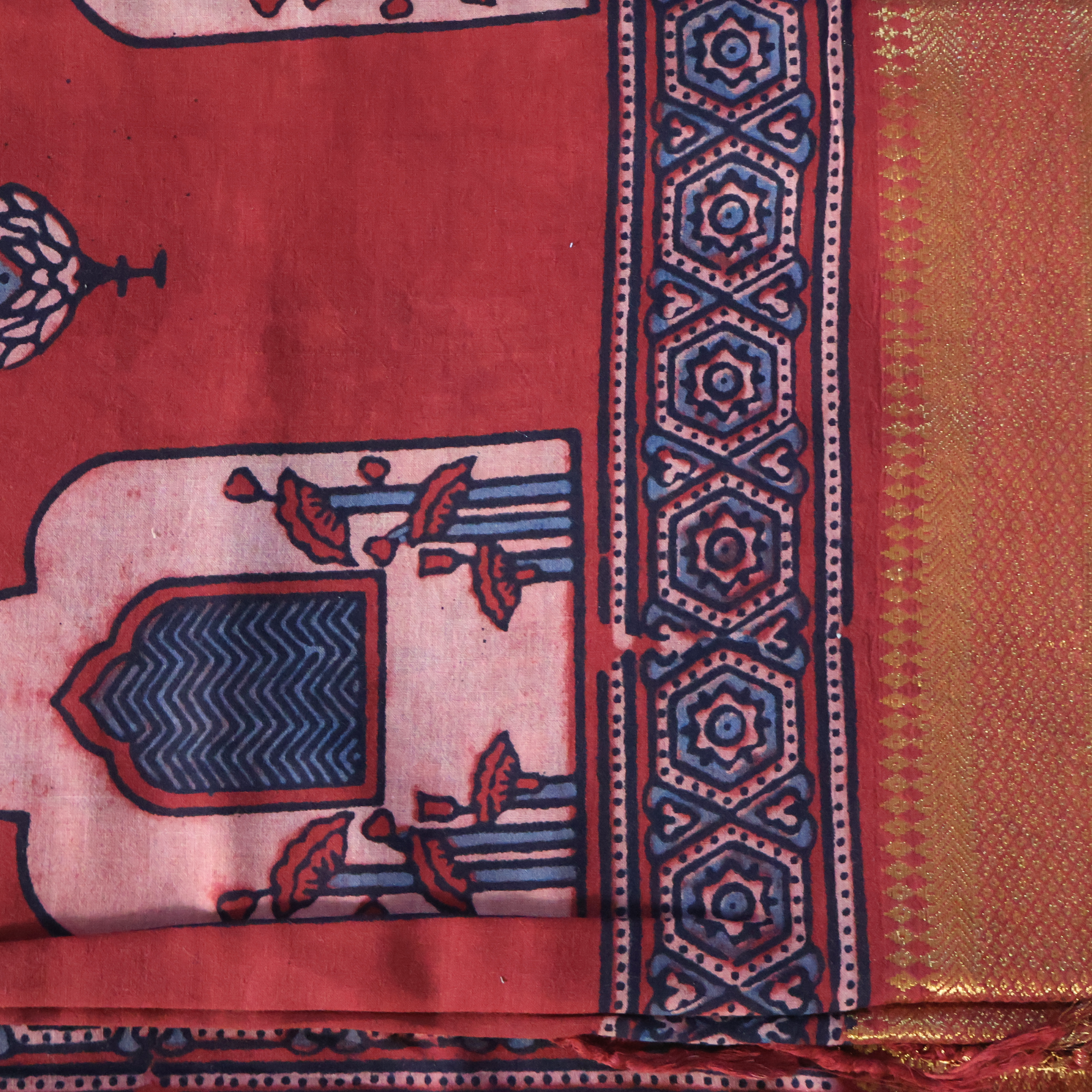 Traditional Ajrakh Cotton Mul Saree with Hand Block Printing