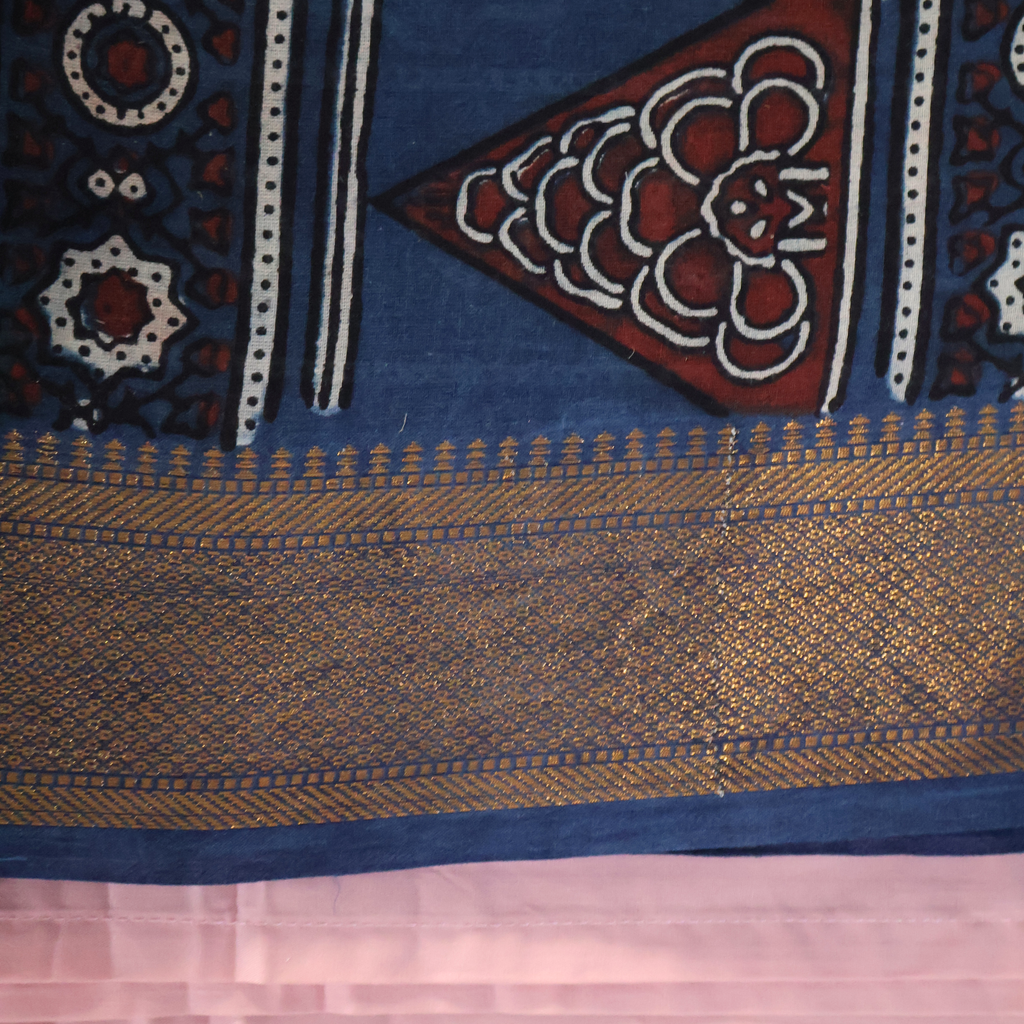 Ajrakh Cotton Mul Saree with Geometric Hand Block Prints