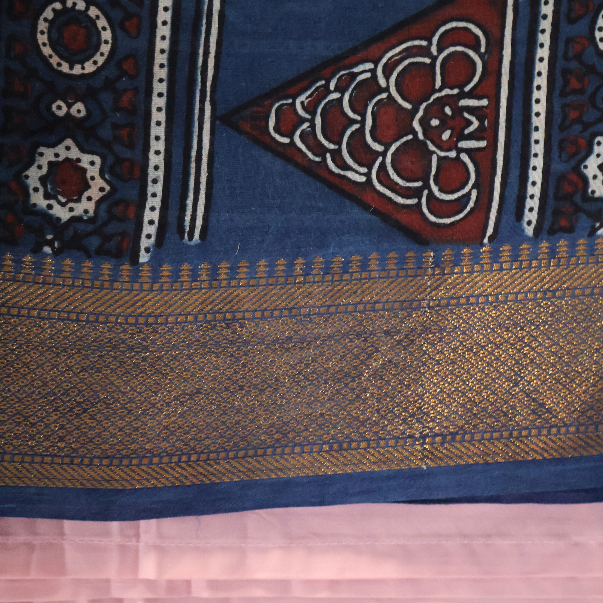 Ajrakh Cotton Mul Saree with Geometric Hand Block Prints