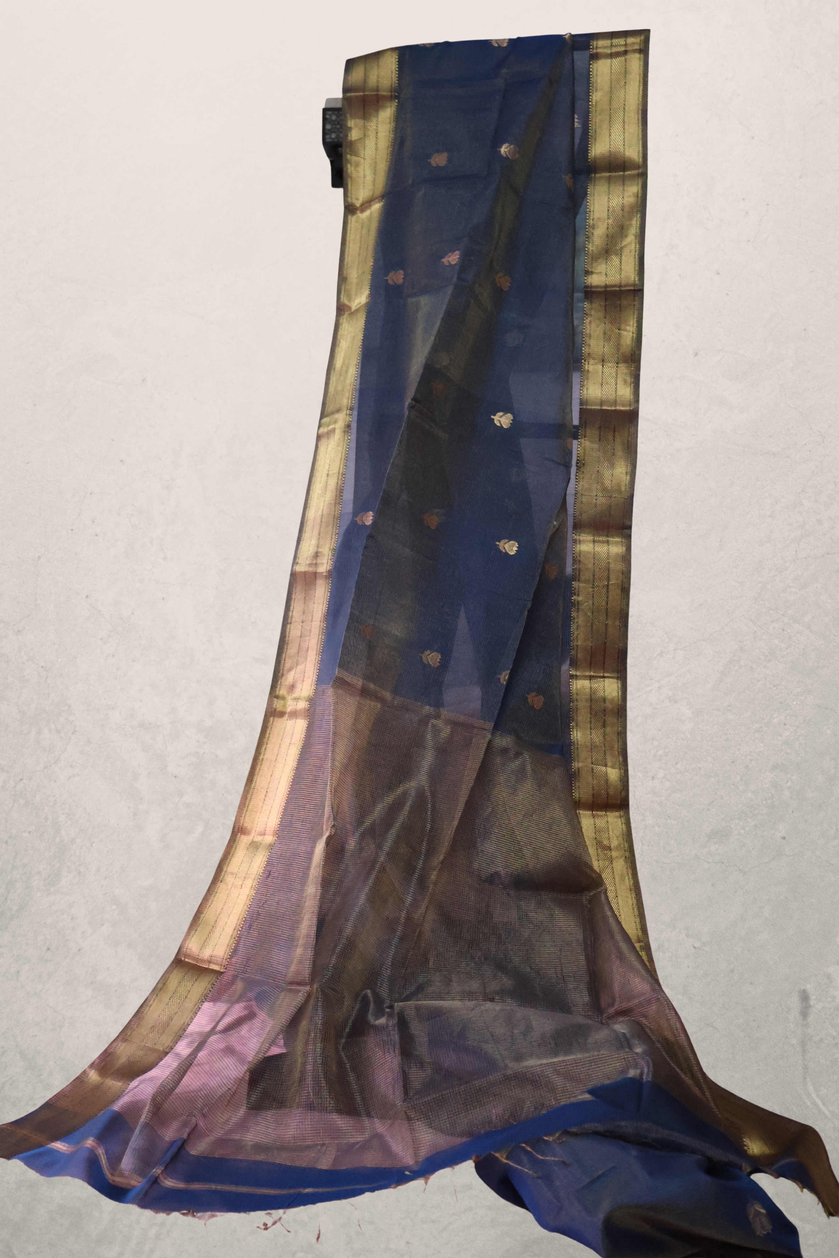 Navy Blue Maheshwari Silk Cotton Saree with Gold Butti and Rich Zari Border