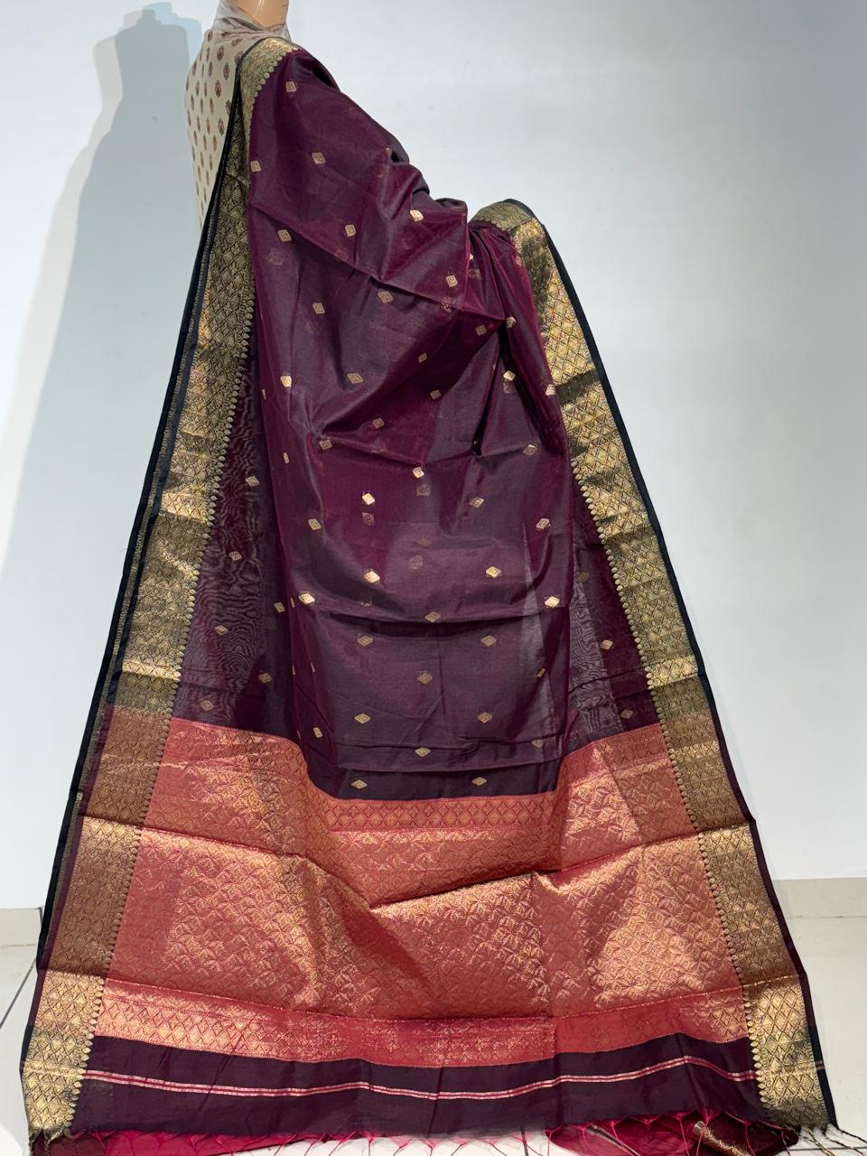 Plum Cotton Maheshwari Saree with Rich Gold Brocade Pallu | Handwoven Elegance