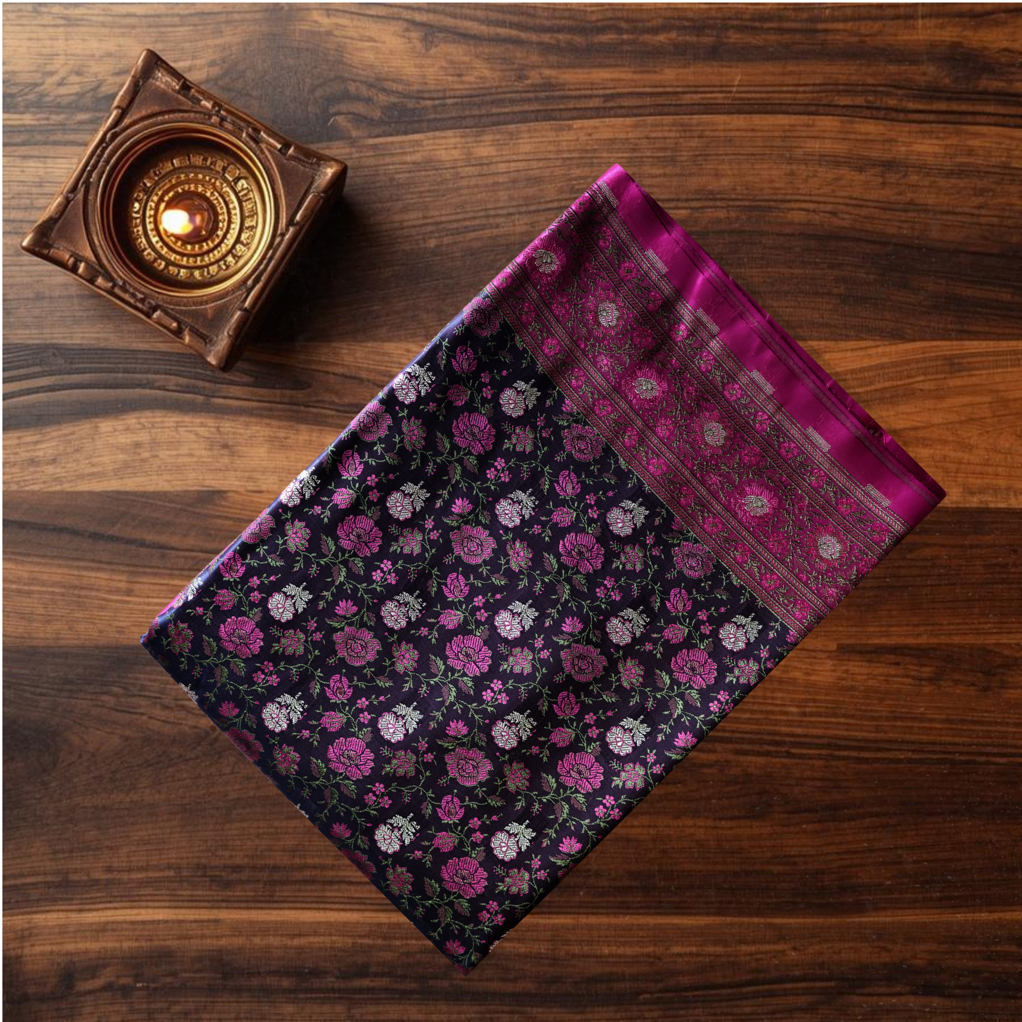 Navy Blue & Rani Pink Banarasi Mashru Silk Saree with Floral Jamawar Weave
